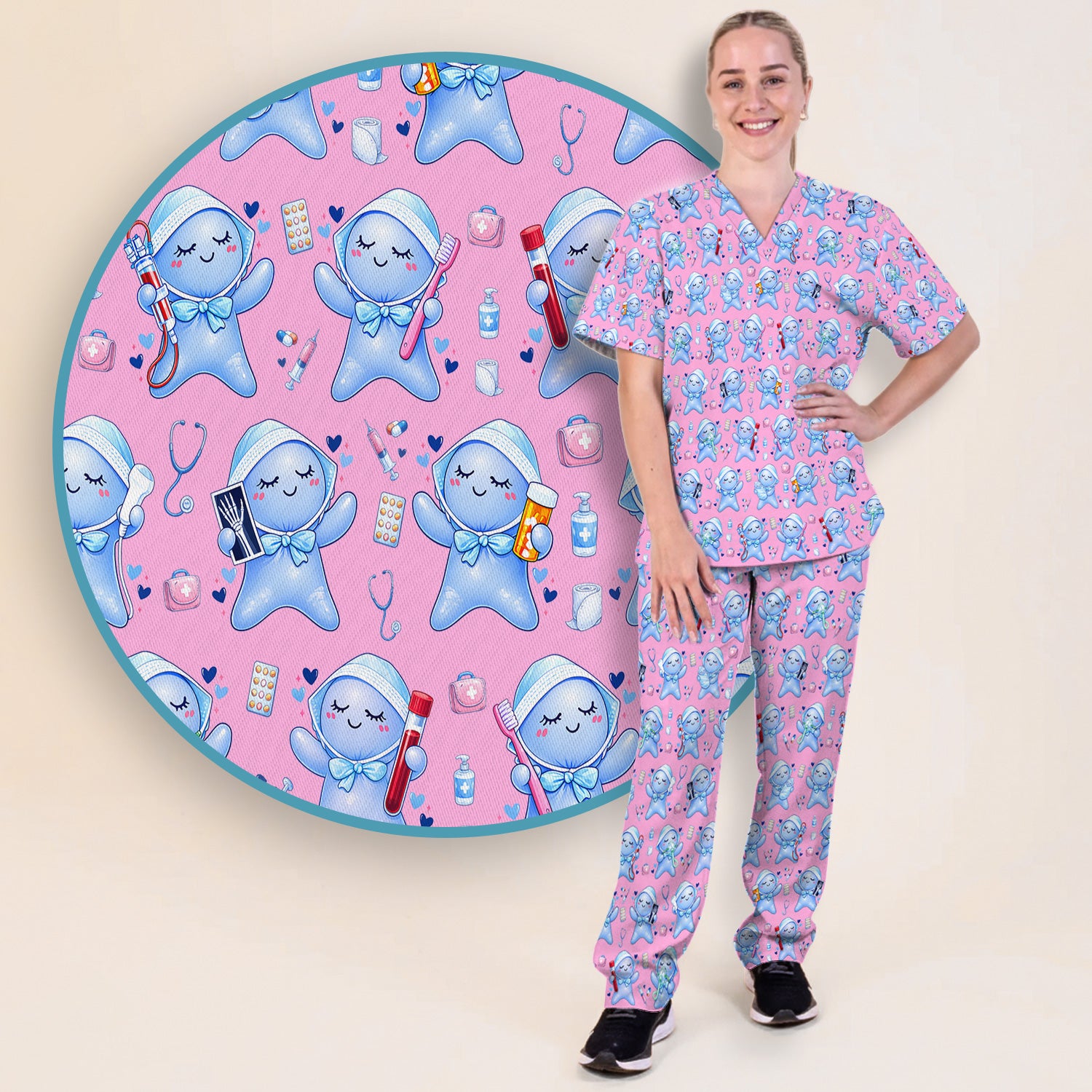 Cute Tooth Character Dental Tools Caring Pattern Scrub Set, Breathable Med Uniform