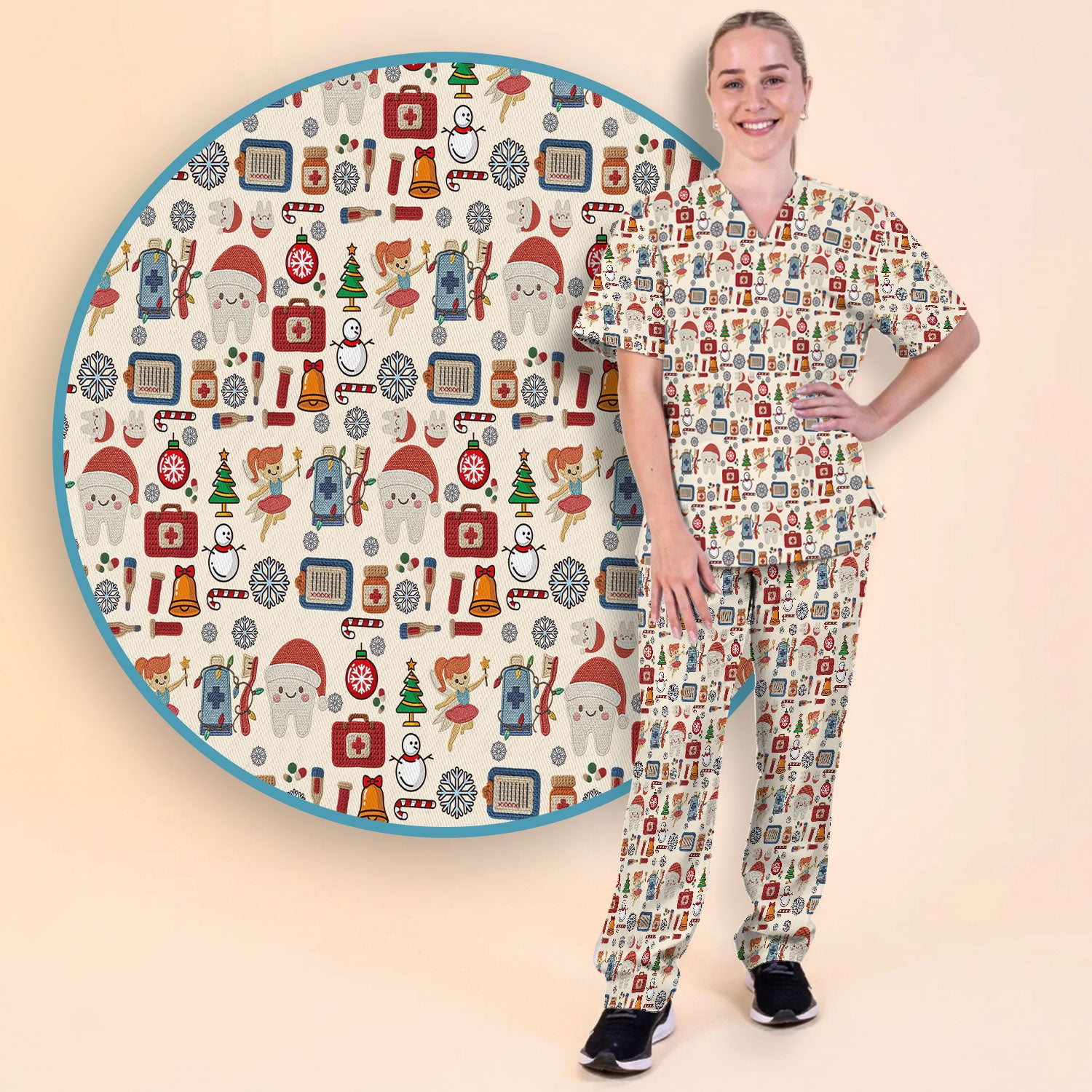 Christmas Dental Scrub Set - Cute Santa Tooth & Snowman Scrubs Pants and V Neck Top - Funny Holiday Gift for Dentists, Hygienists