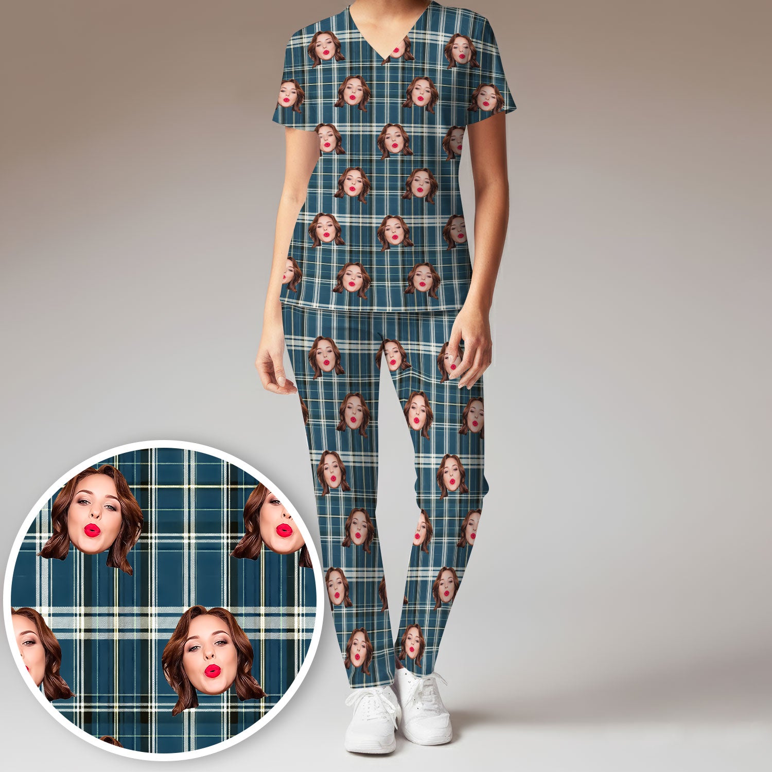 Personalized Funny Face Plaid Scrub Set, Custom Photo Pattern Medical Uniform For Nurses, Breathable Fabrics Nursing Uniform
