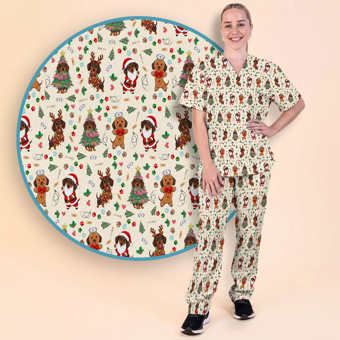 Wiener Dog Christmas Scrub Set – Funny Dachshund Pattern Medical Shirt – Festive Holiday Uniform for RN, LPN, CNA, and Vet Techs