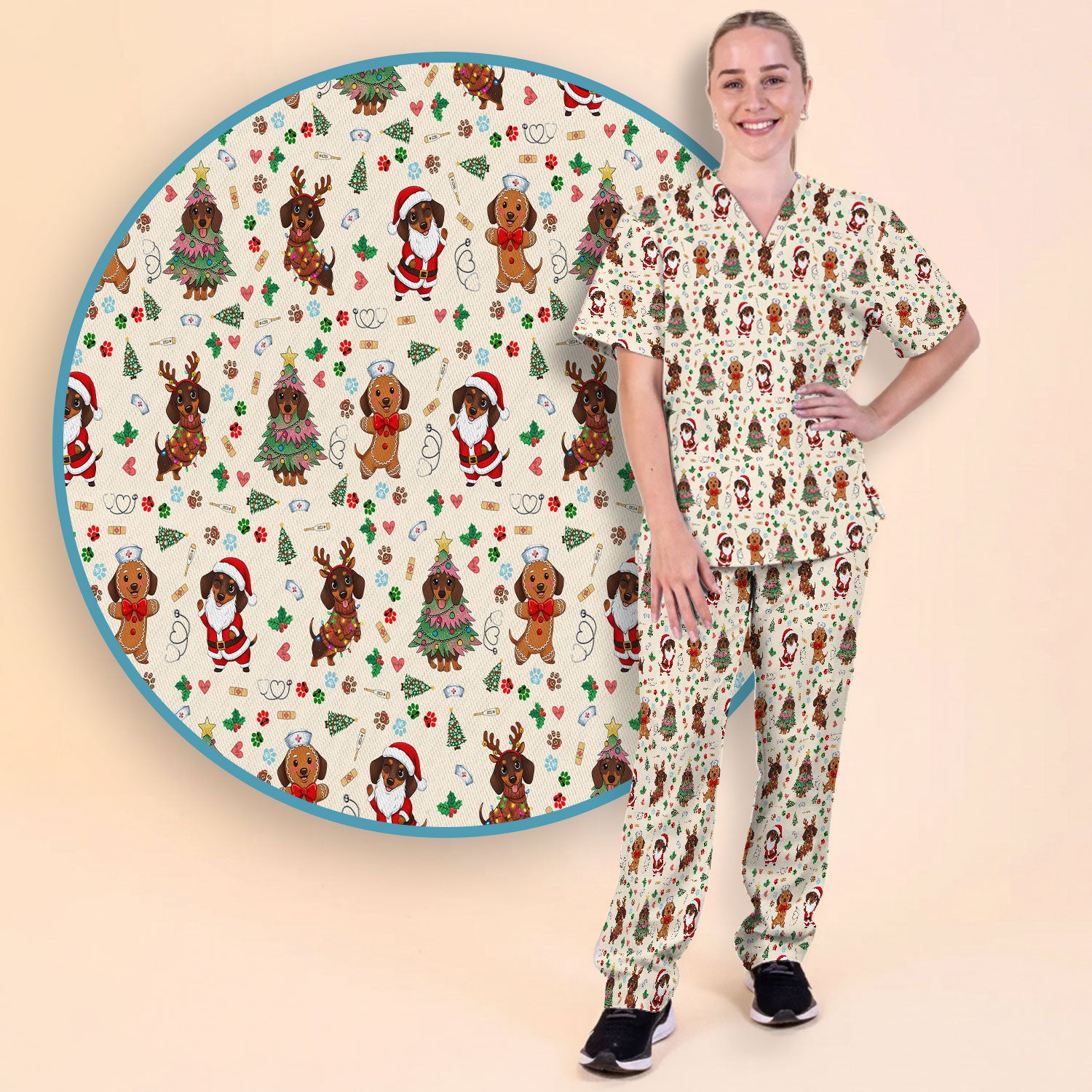 Wiener Dog Christmas Scrub Set – Funny Dachshund Pattern Medical Shirt – Festive Holiday Uniform for RN, LPN, CNA, and Vet Techs