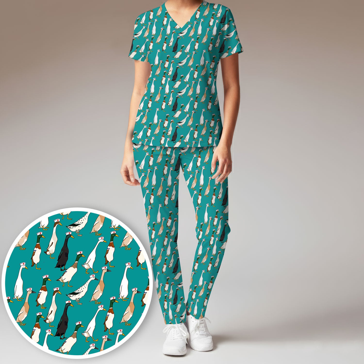 Funny Nurse Duck Pattern Scrub Set, Breathable Med Uniform