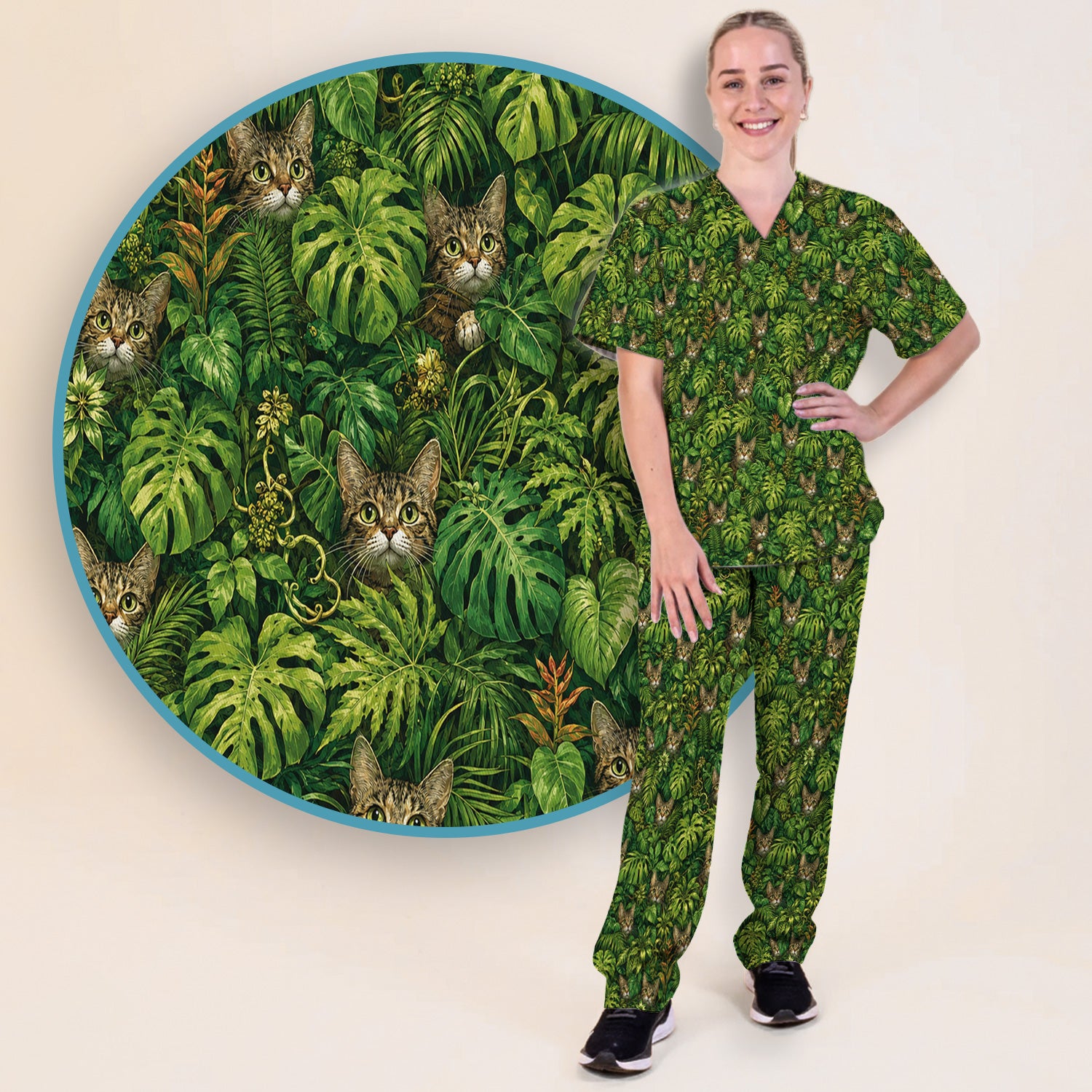 Hidden Jungle Cat Veterinary Nurse Pattern Scrub Set, Scrub Pants and V Neck Top