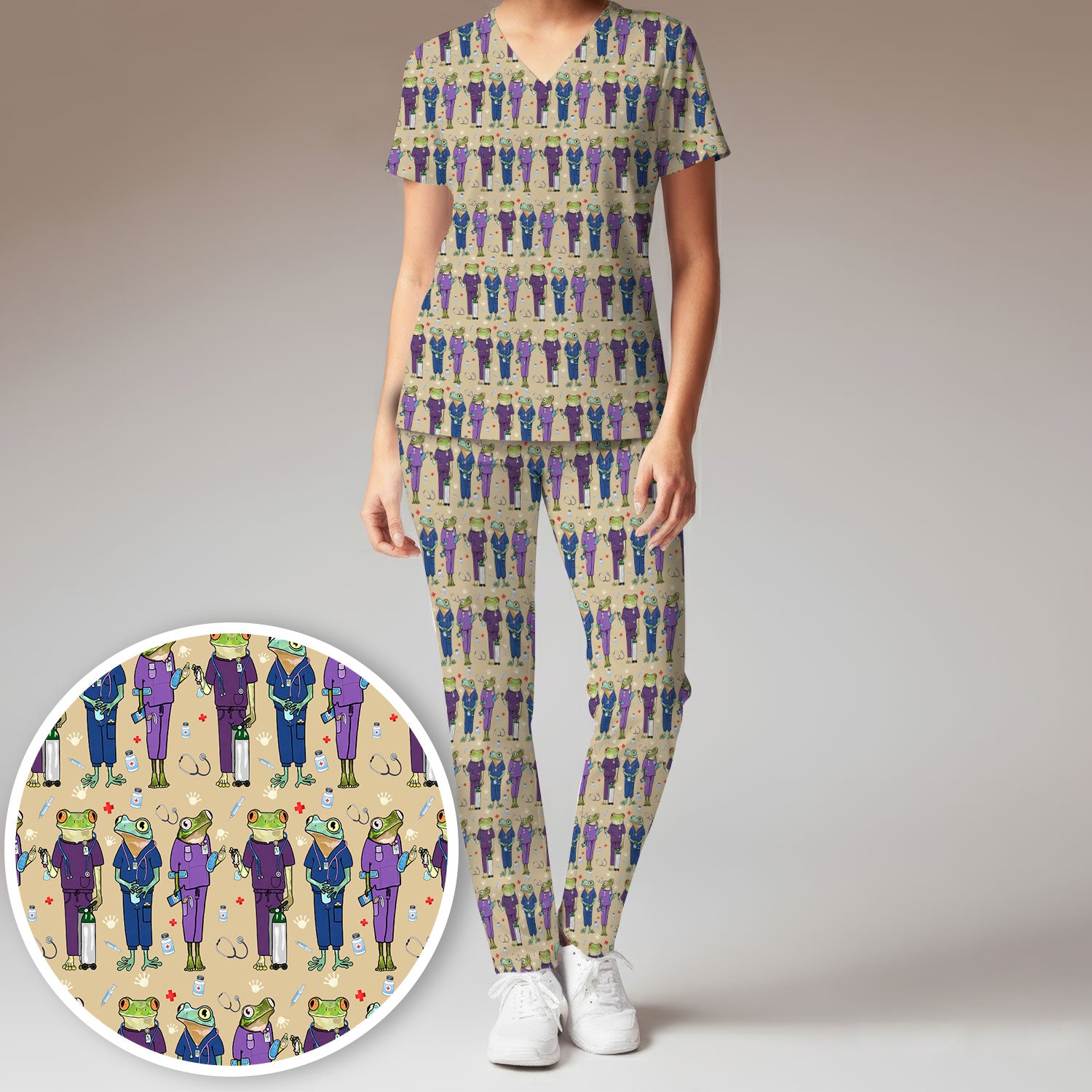 Funny Frog Nurse Pattern Scrub Set, Scrub Pants and V Neck Top