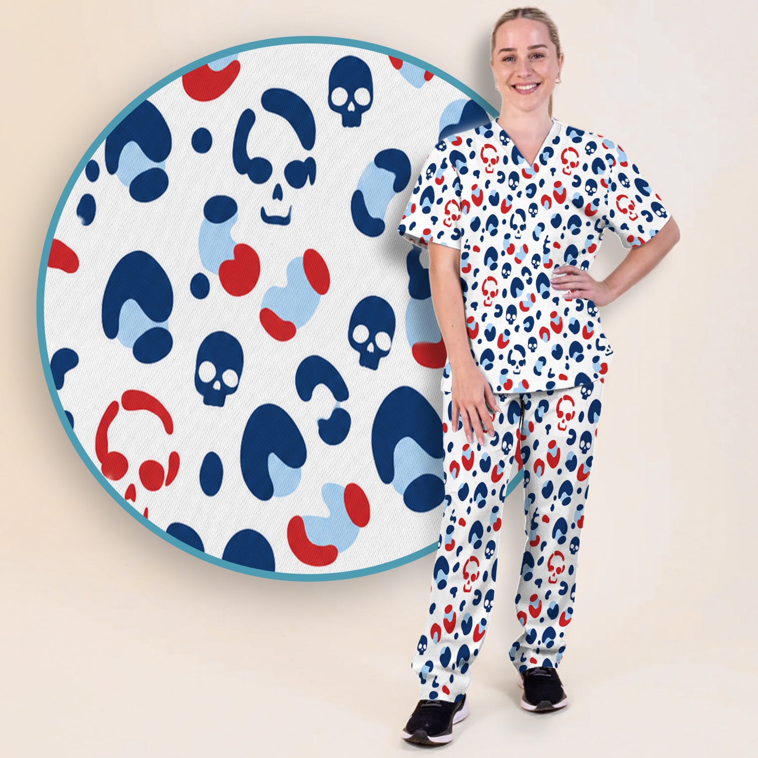 Red Blue Skull Leopard Pattern Scrub Set, Scrub Pants and V Neck Top