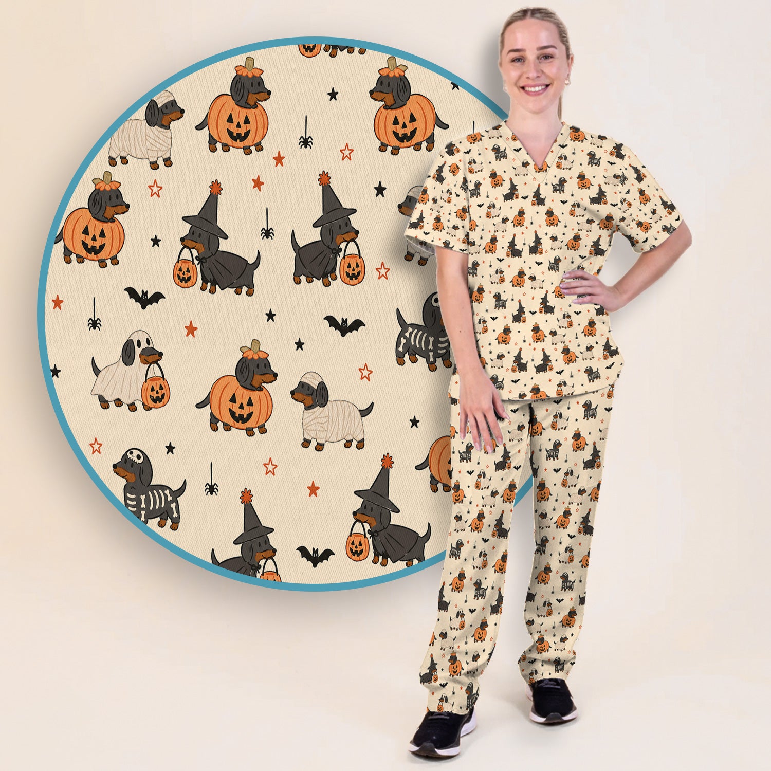 Halloween Dachshund Pattern Scrub Set, Scrub Pants and V Neck Top