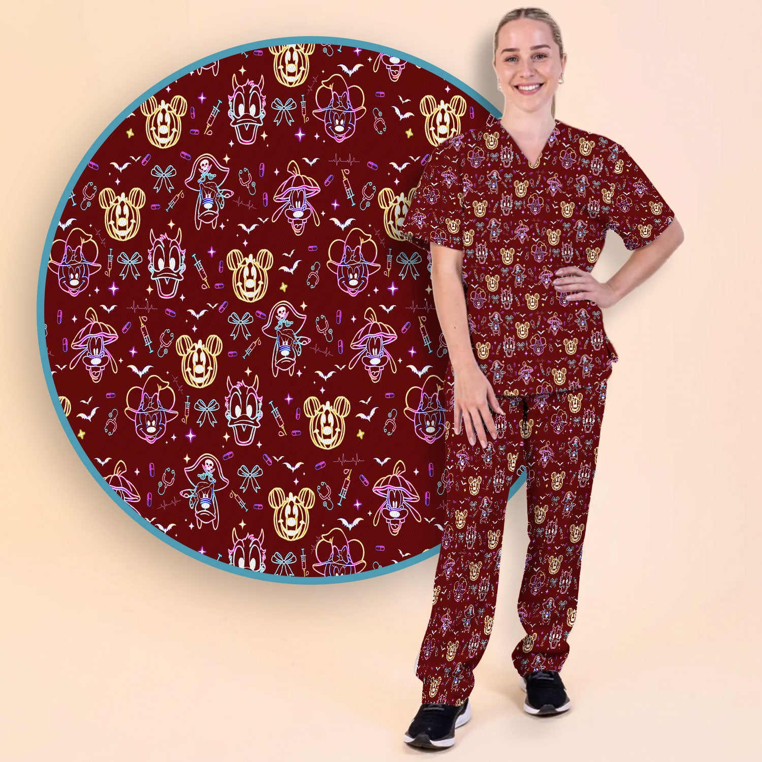 Neon Mouse Halloween Scrub Set for Nurses - Spooky Faces and Scary Pumpkin Scrub Pants and V Neck Shirt - Funny Med Uniform