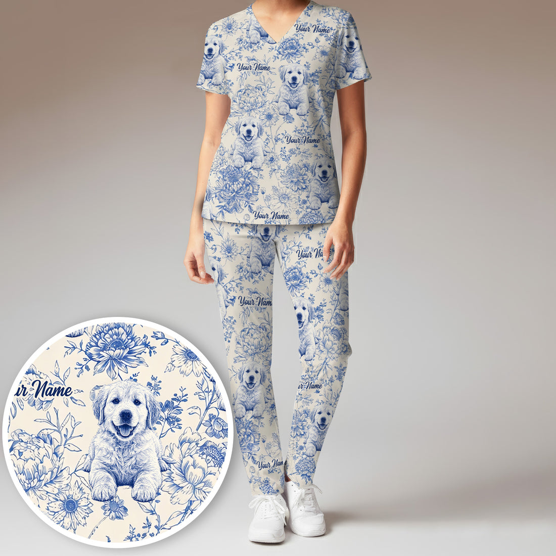 Personalized Custom Pet Photo Name Floral Pattern Scrub Set, Scrub Pants and V Neck Top