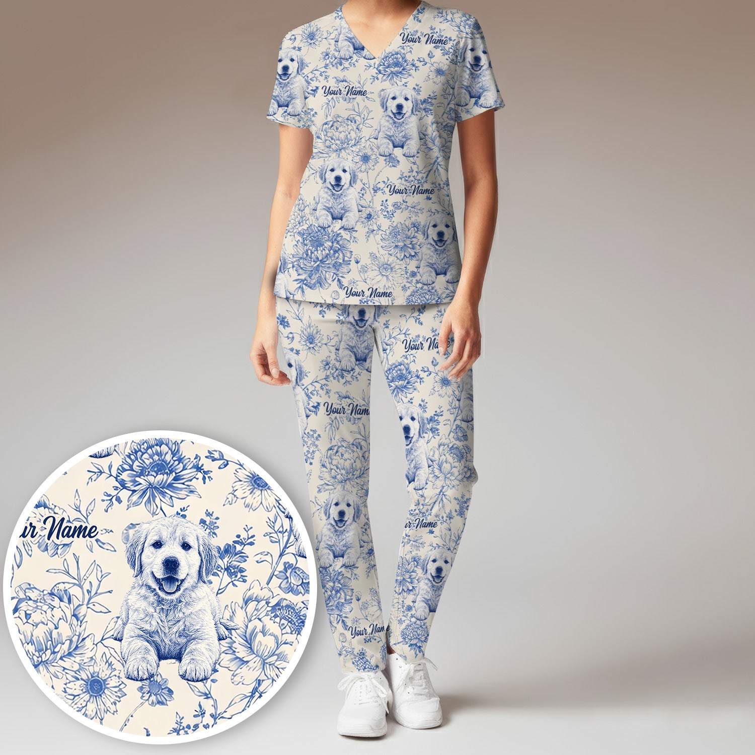 Personalized Custom Pet Photo Name Floral Pattern Scrub Set, Scrub Pants and V Neck Top