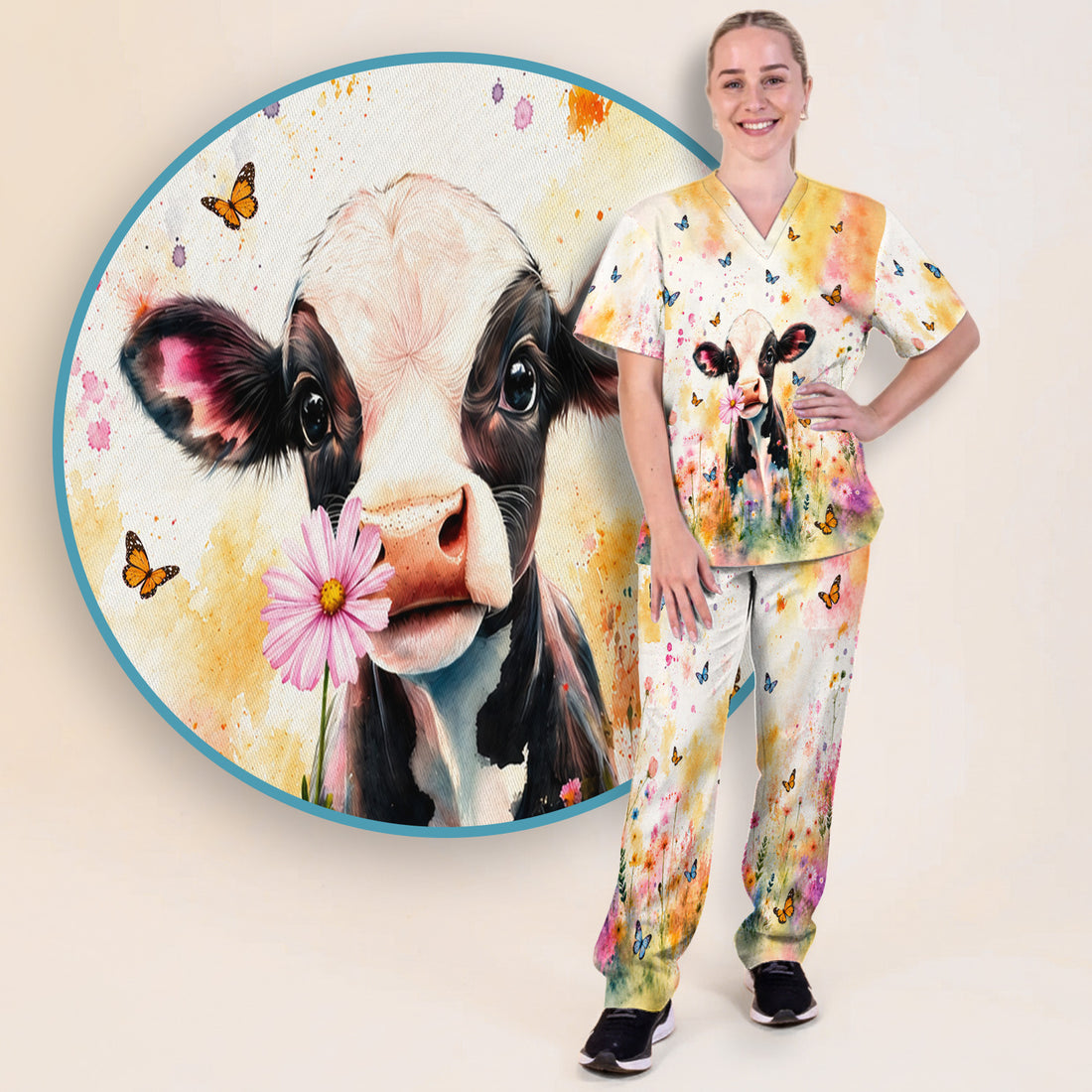 Cute Butterfly Baby Cow Pattern Scrub Set, Scrub Pants and V Neck Top