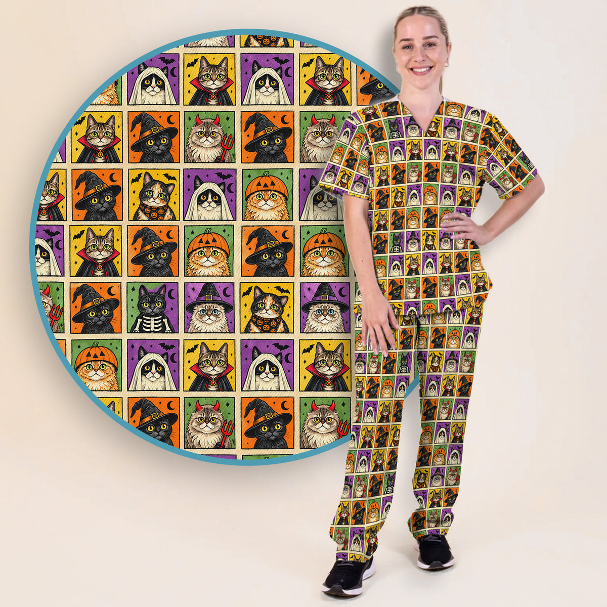 Buntes Kasack-Set mit Neon-Katzenköpfen, Schlupfhose und V-Ausschnitt-Oberteil