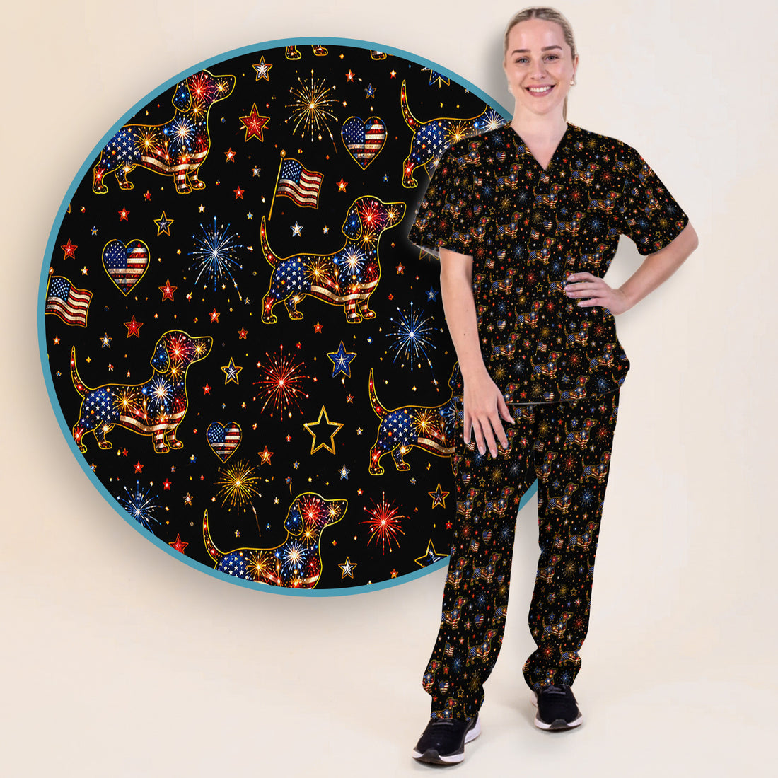 Patriotic Dachshund Nurse for RN & CNA, Fireworks Dog Lover Healthcare Uniform Scrub Set, Scrub Pants and V Neck Top