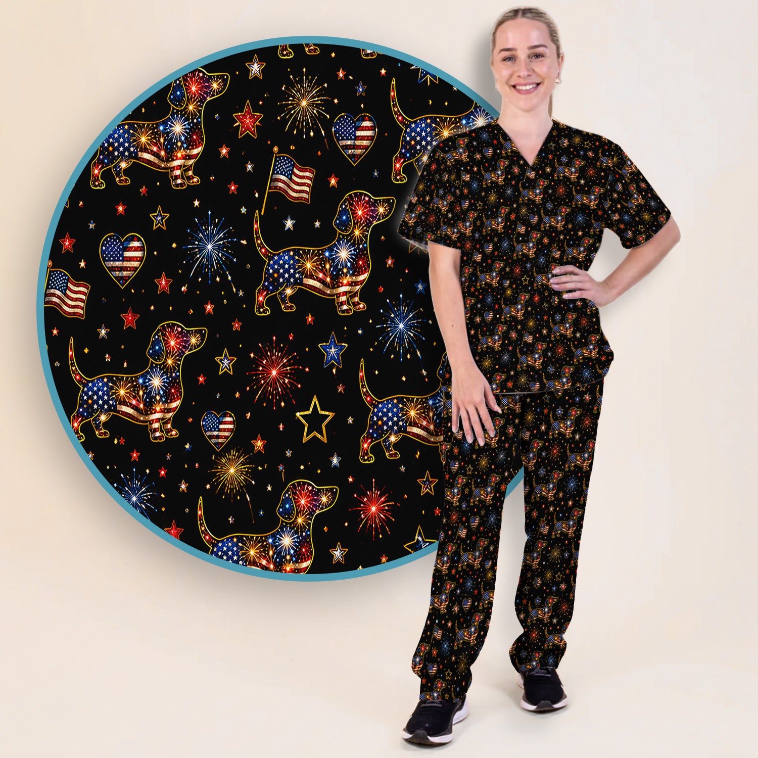 Patriotic Dachshund Nurse for RN & CNA, Fireworks Dog Lover Healthcare Uniform Scrub Set, Scrub Pants and V Neck Top