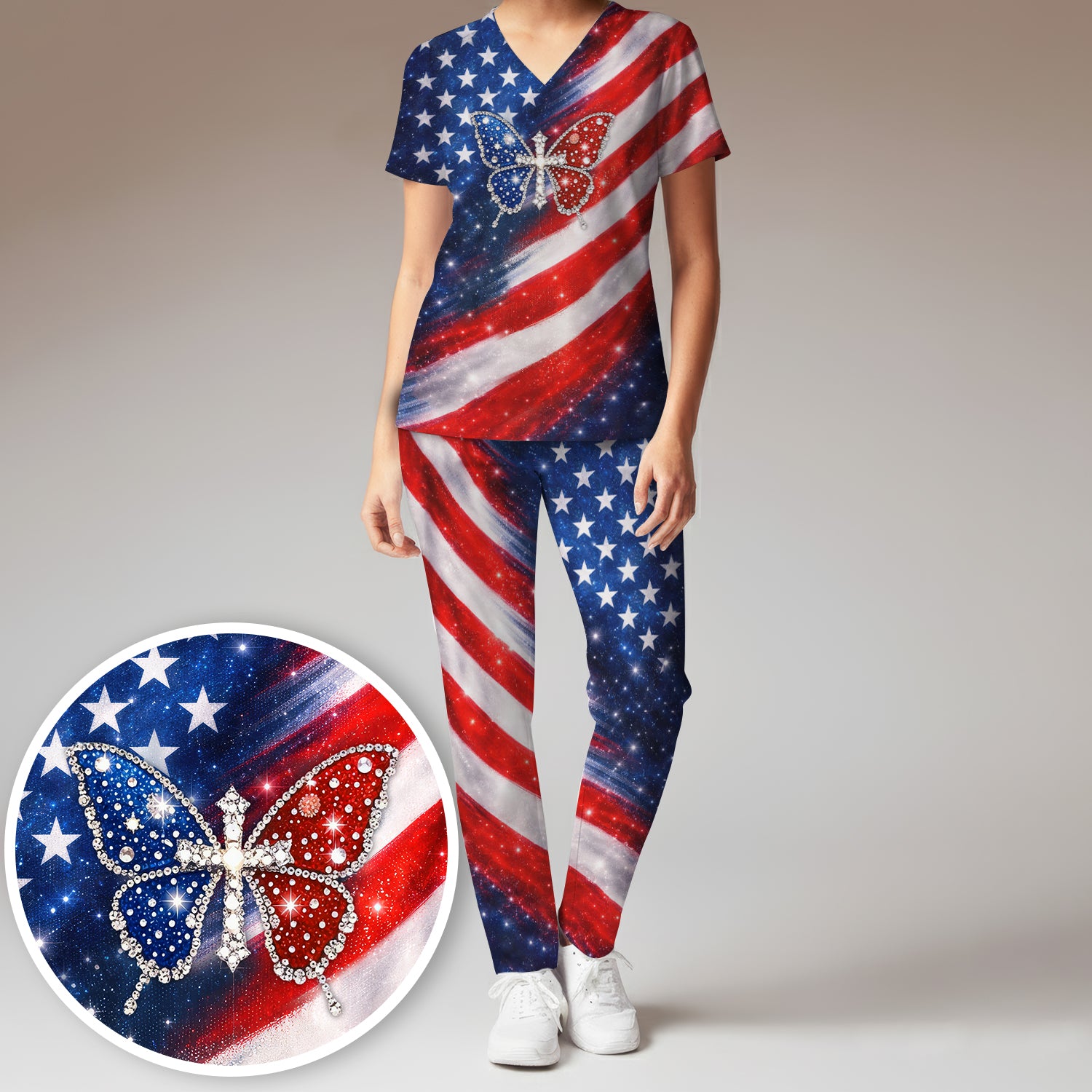USA Flag Glitter Butterfly Rhinestone Pattern Scrub Sets, Breathable Med Uniform
