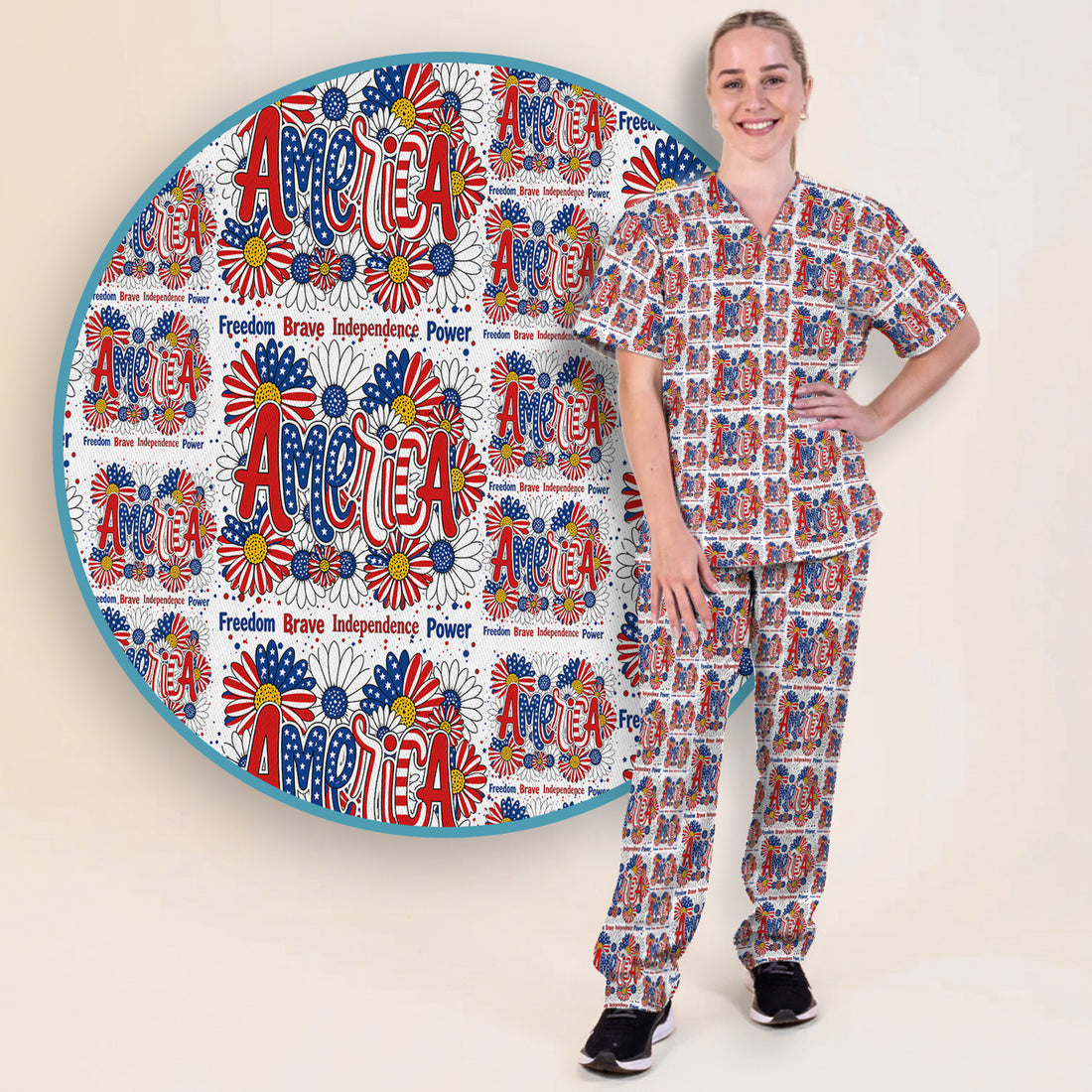 Patriotic America Floral Fireworks Pattern Scrub Set, Scrub Pants and V Neck Top