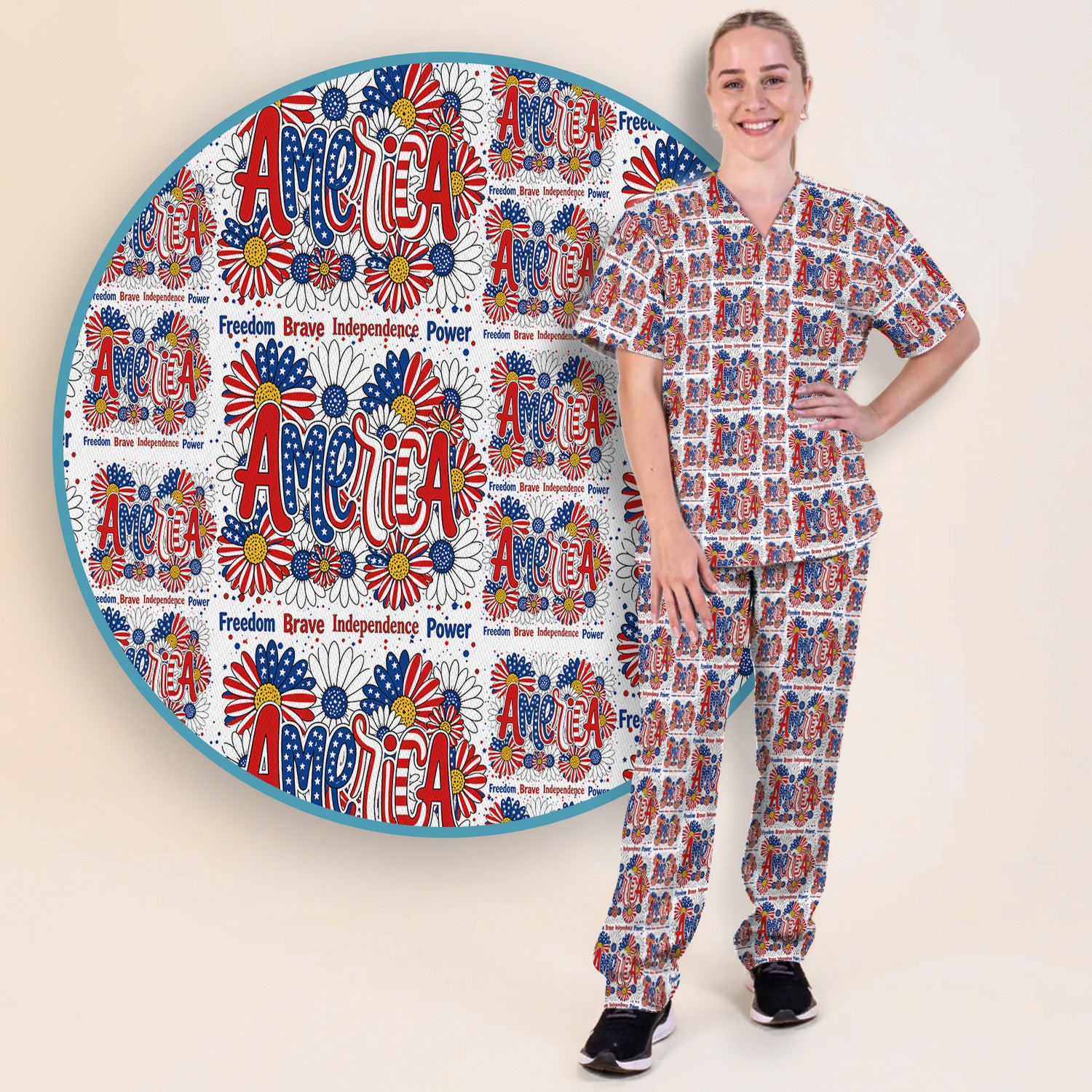 Patriotic America Floral Fireworks Pattern Scrub Set, Scrub Pants and V Neck Top