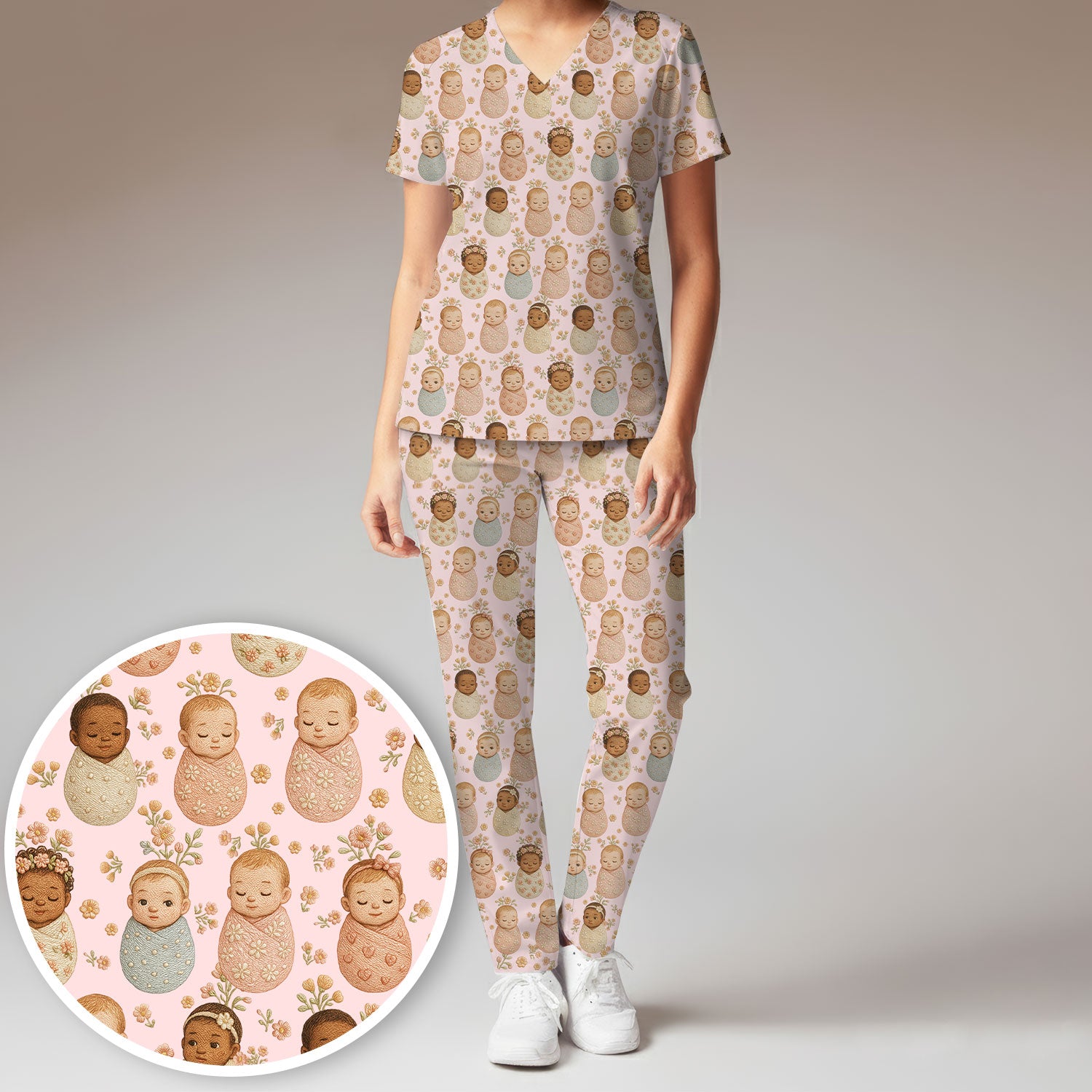 Sweet Newborn Baby Floral Print Women's Scrub Set, Breathable Med Uniform