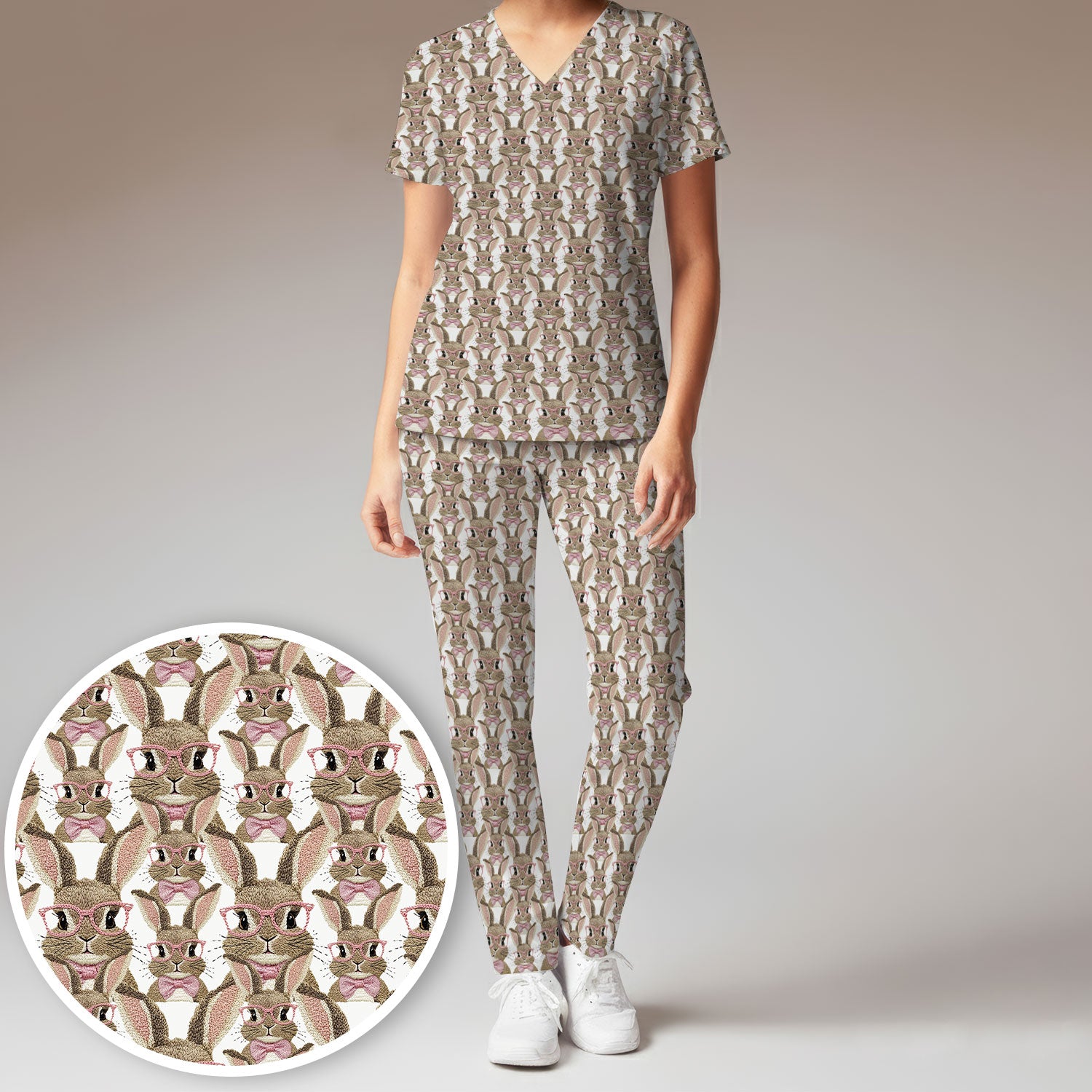 Cute Bunny With Glasses Pattern Scrub Set, Scrub Pants and V Neck Top