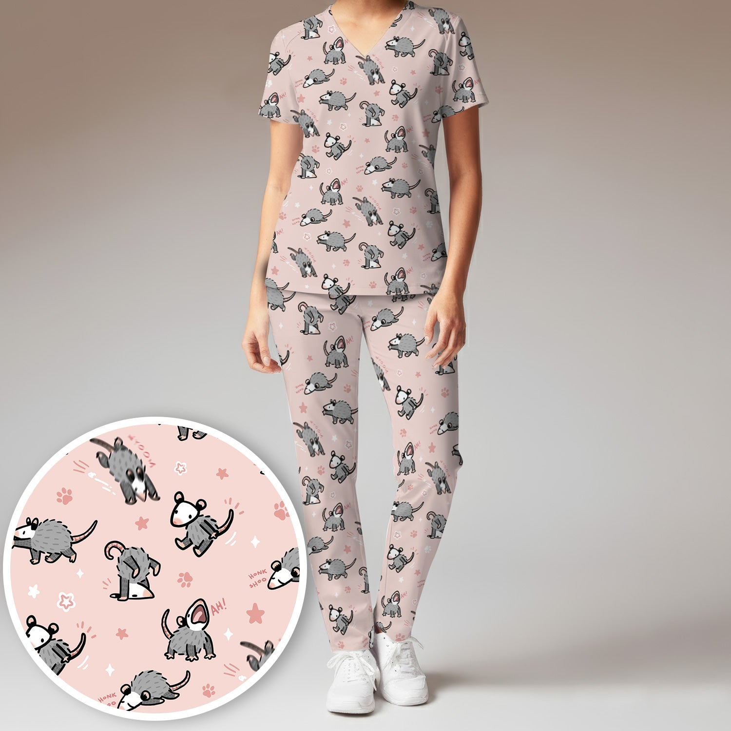 Playful Cartoon Opossum Character Pattern Scrub Set, Women's Scrub Sets