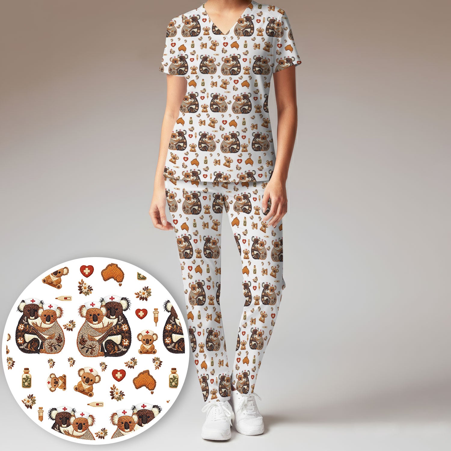 Cute Cartoon Koala Valentine Nurse Design Scrub Set, Breathable Med Uniform