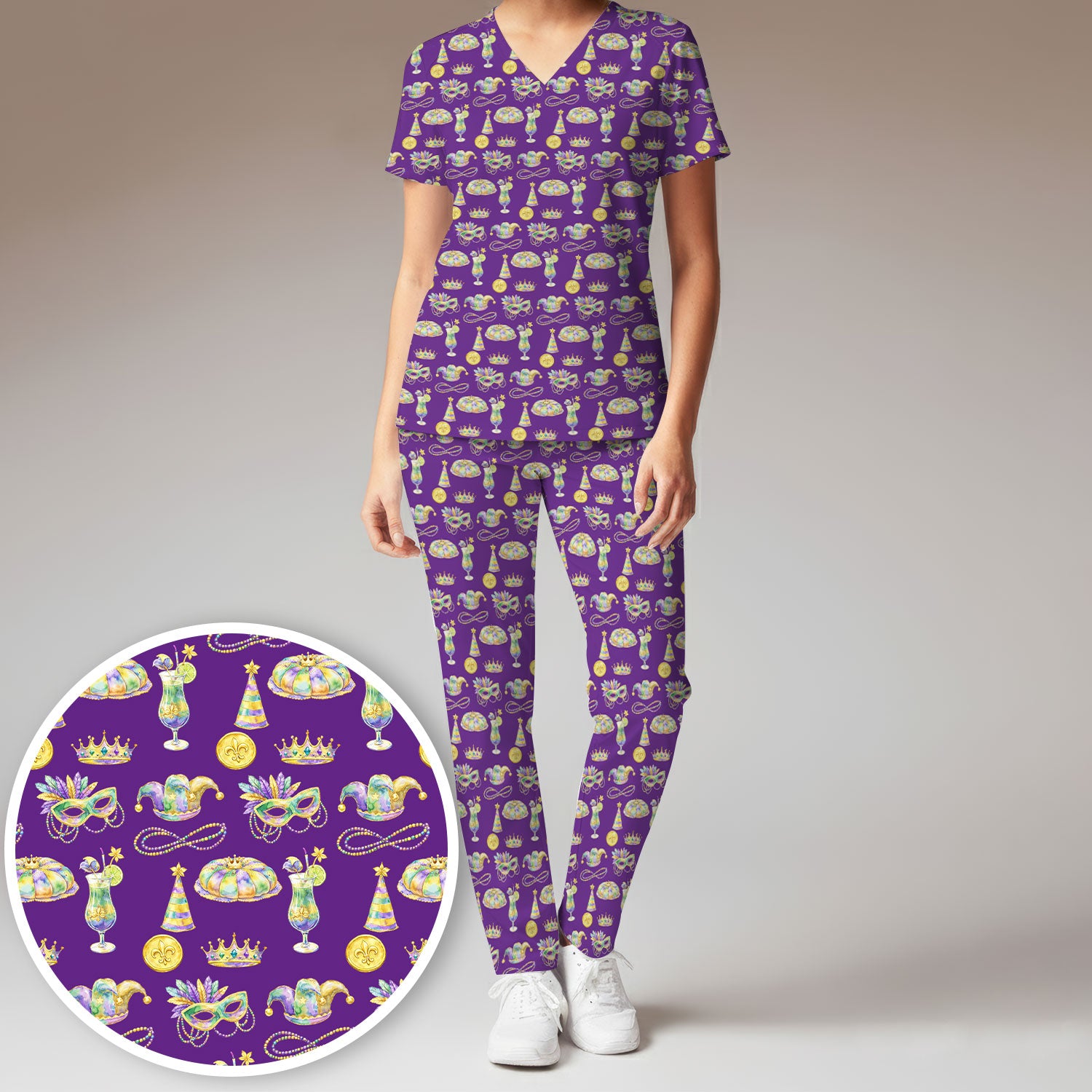 Mardi Gras Mask Scrub Set, Elegant Carnival Pattern Nurse Shirt For Women, Breathable Fabrics Nursing Uniform