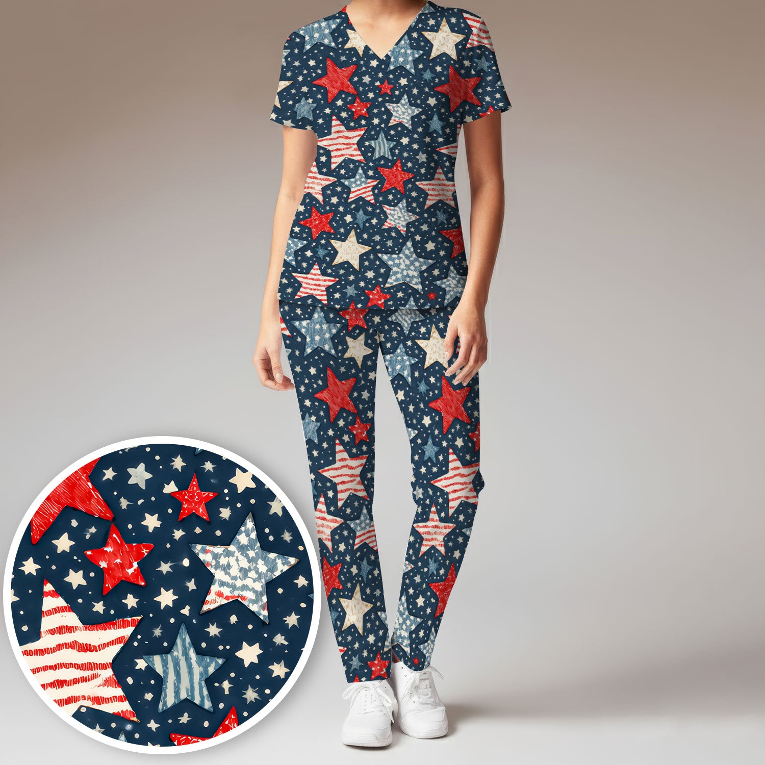 Patriotic Star Pattern Women's Scrub Set, Scrub Pants and V Neck Top