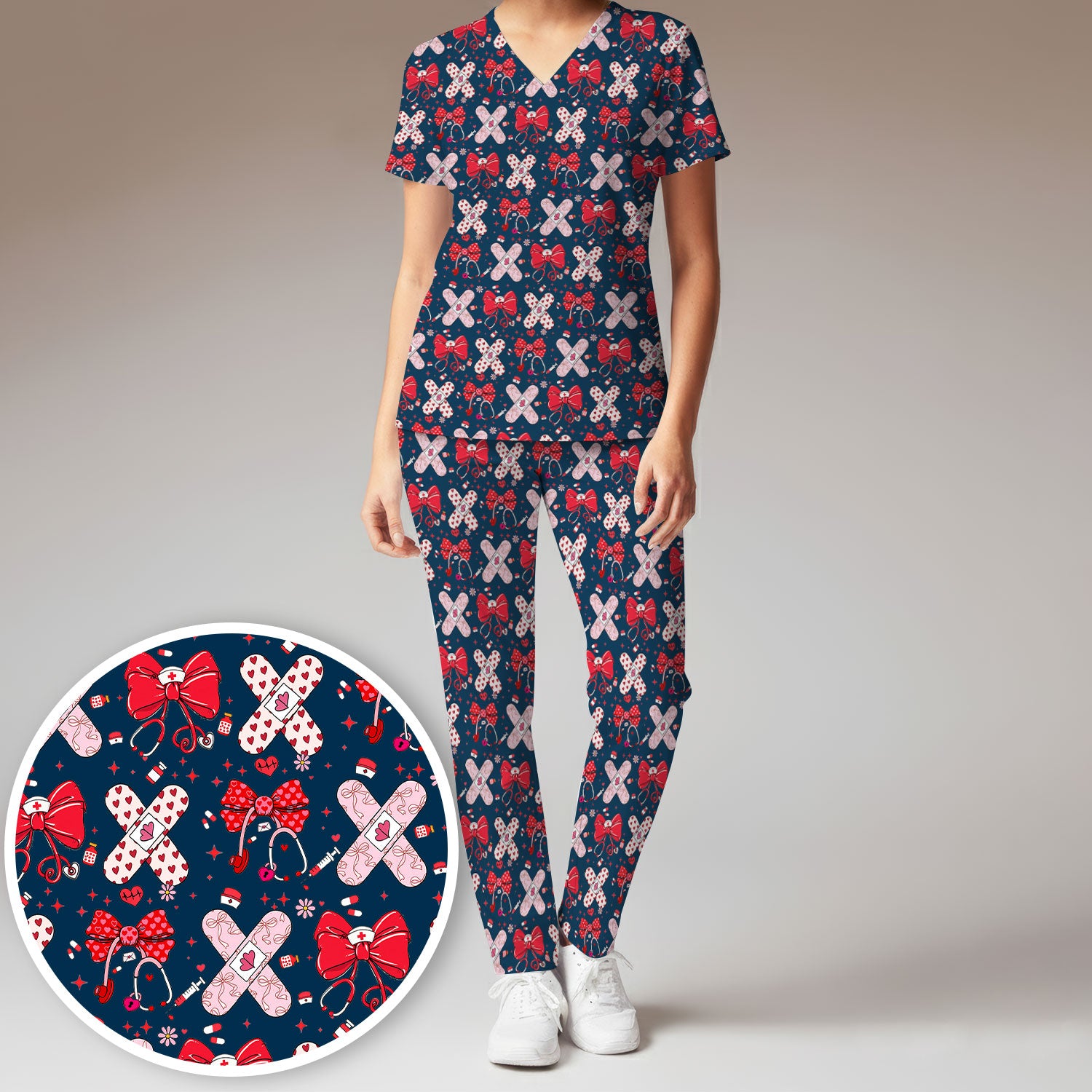 Valentine Nurse Scrub Set, Red Bow And Heart Bandage Pattern Medical Shirt, Breathable Fabrics Nursing Uniform
