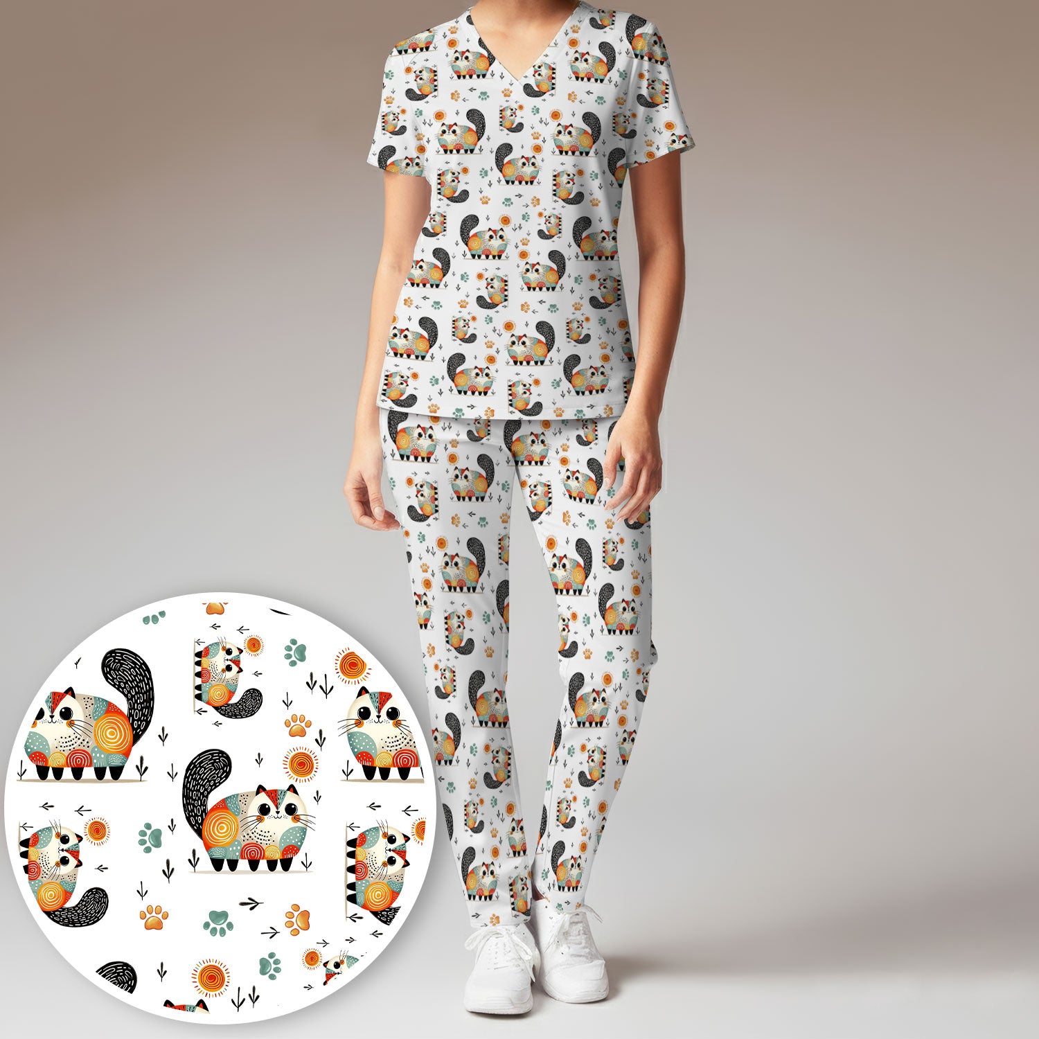 Playful Cat Illustration Women's Scrub Set, Breathable Med Uniform