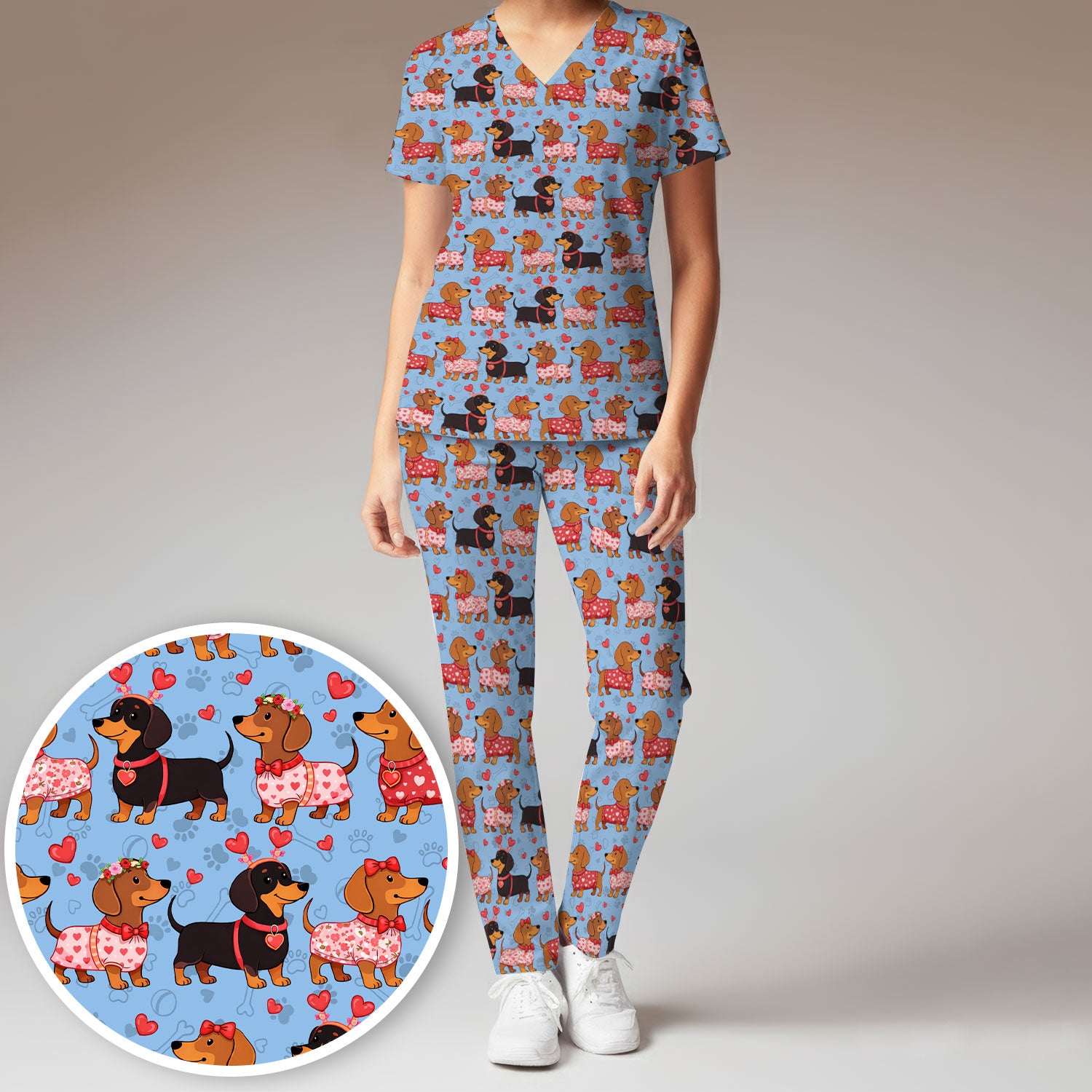 Valentine Dachshund Scrub Top, Wiener Dog Love Pattern Nurse Shirt, Breathable Fabrics Nursing Uniform