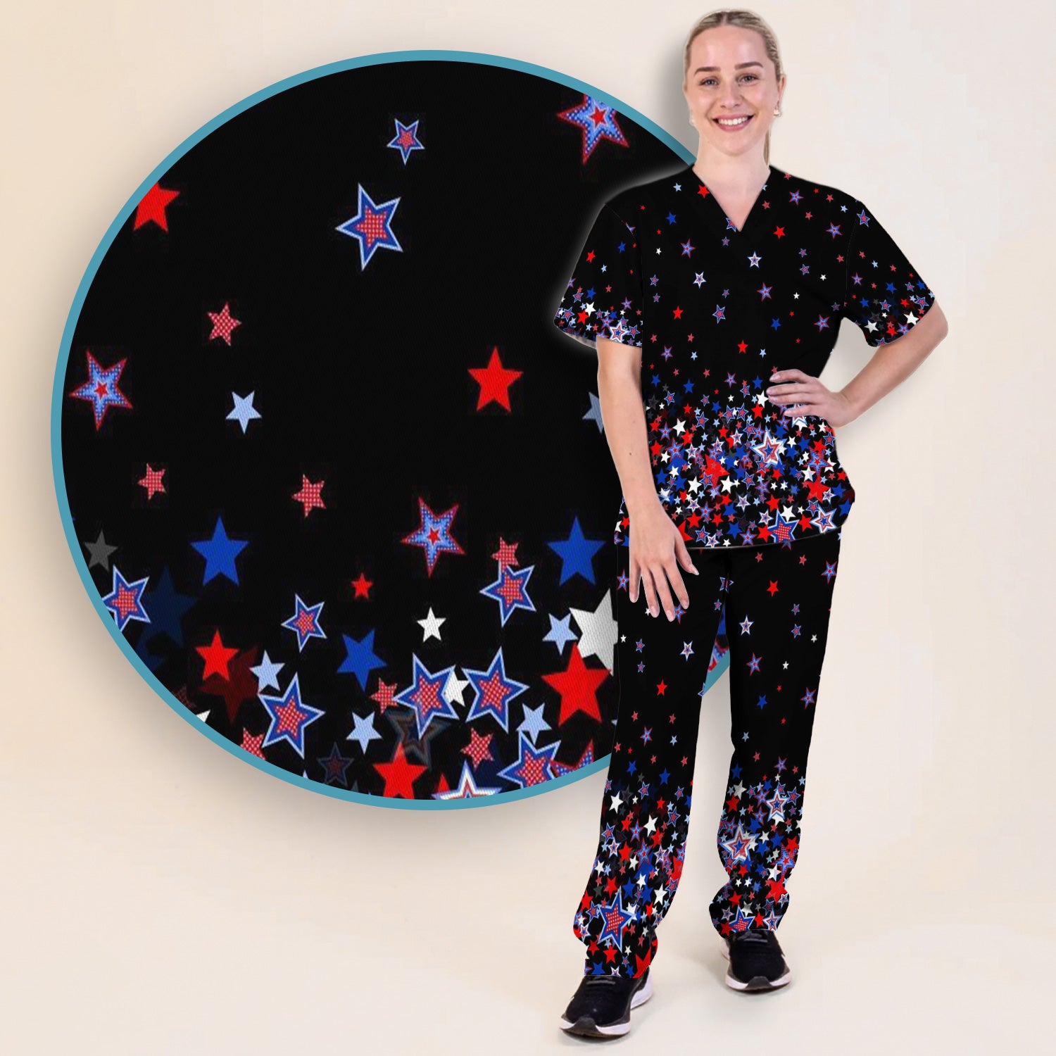 Festive Patriotic Red Blue Star Pattern Scrub Set, Scrub Pants and V Neck Top