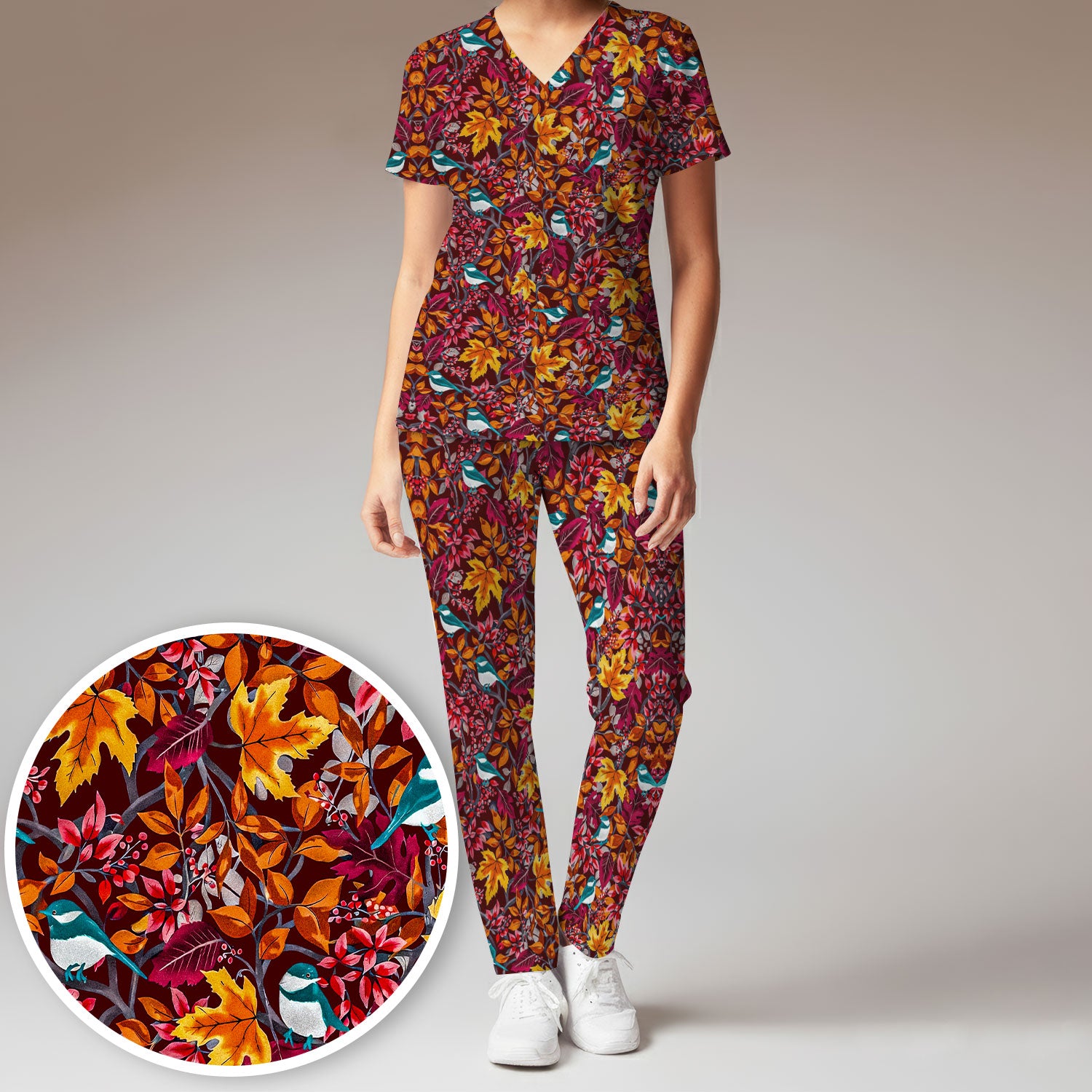 Autumn Leaves Blue Bird Pattern Print Set, Women's Scrub Sets