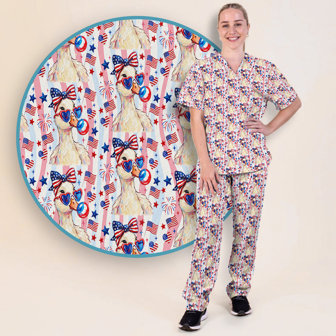 Cute Patriotic Goose Nurse Pattern Scrub Set, Scrub Pants and V Neck Top