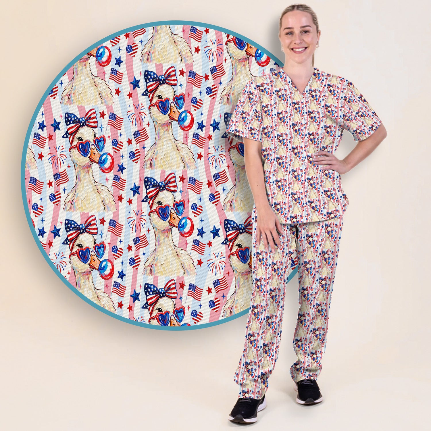 Cute Patriotic Goose Nurse Pattern Scrub Set, Scrub Pants and V Neck Top