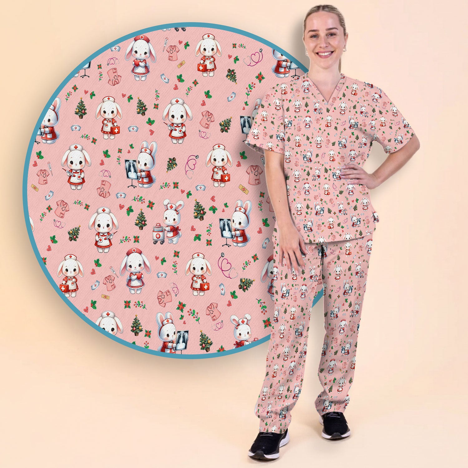 Cute Bunny Scrub Set for Nurse - Adorable Christmas Rabbit Pants and V Neck Top - Funny Holiday Medical Shirt Gift
