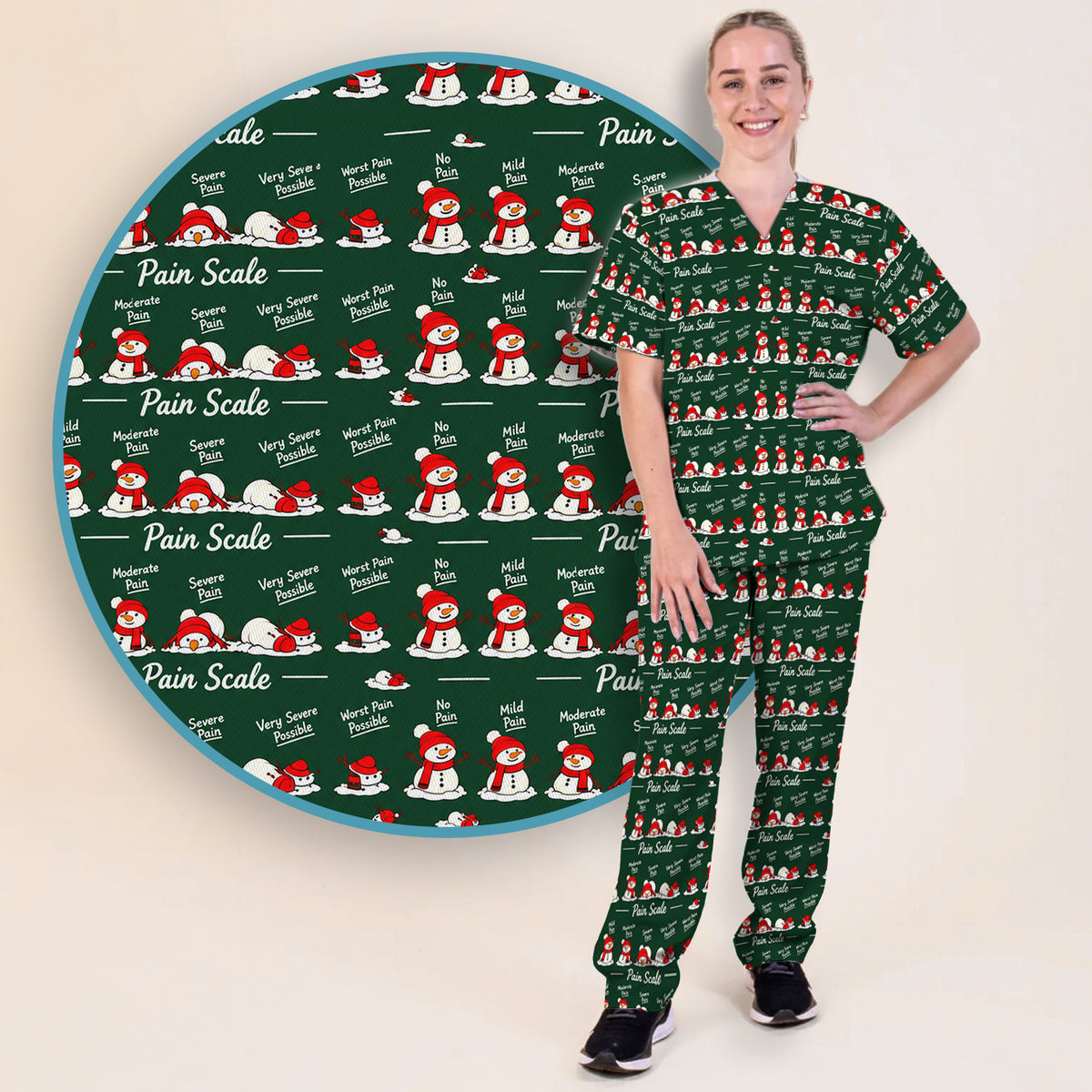Funny Christmas Snowman Pain Scale Scrub Set, Scrub Pants and V Neck Top
