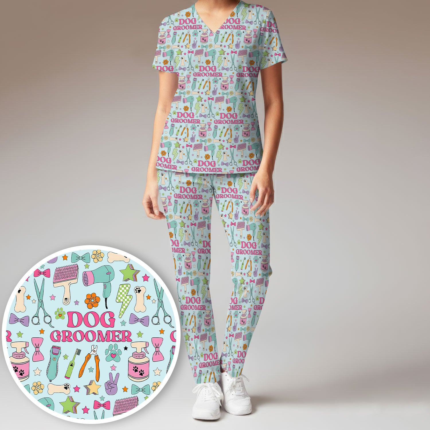 Dog Groomer Tools Pattern Women's Scrub Set, Scrub Pants and V Neck Top
