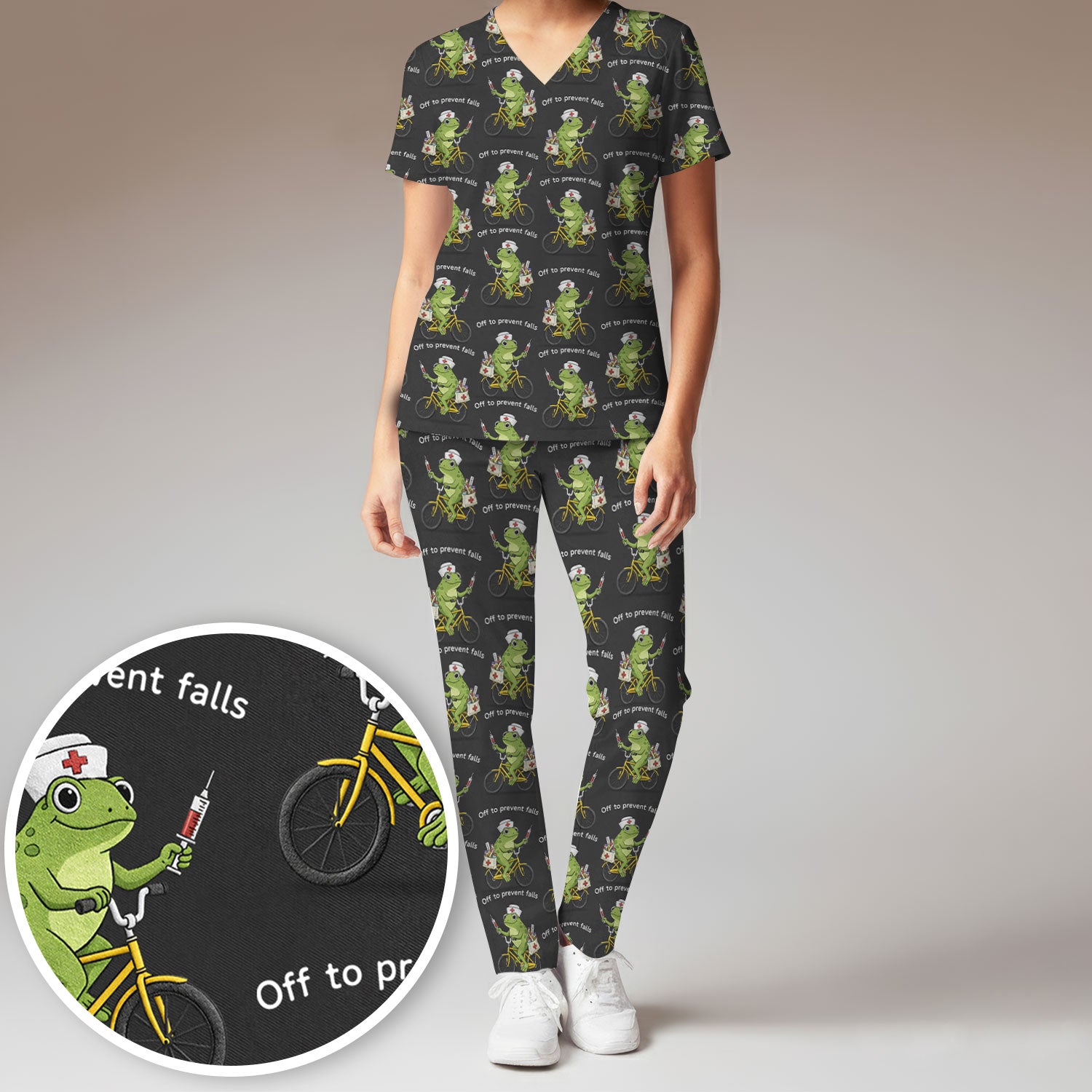 Cute Frog Riding Bike With Funny Quote Scrub Set, Scrub Pants and V Neck Top