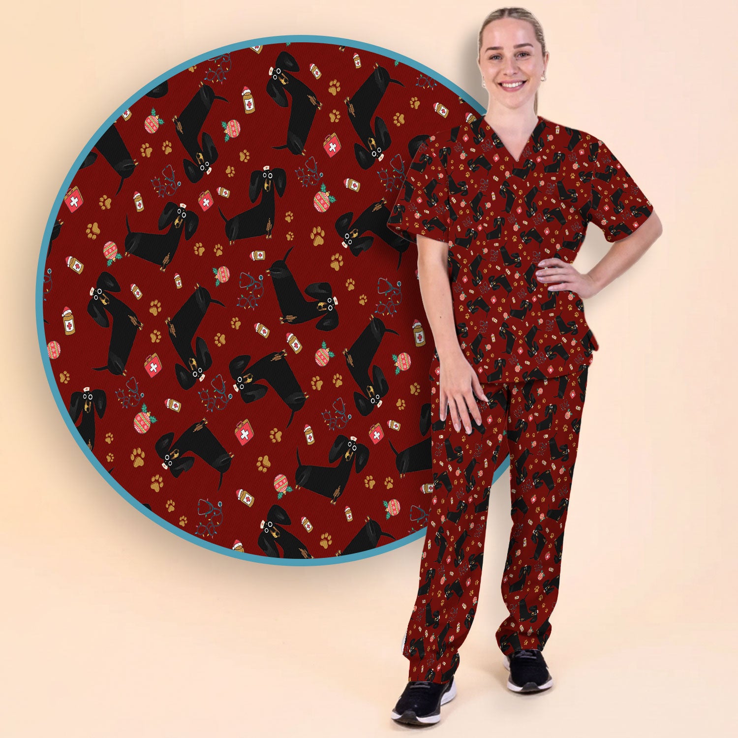 Funny Wiener Dog Scrub Sets for Nurses - Cute Black Dachshund Pants and V Neck Top - Dog Lover Nursing Uniform Gift for Women