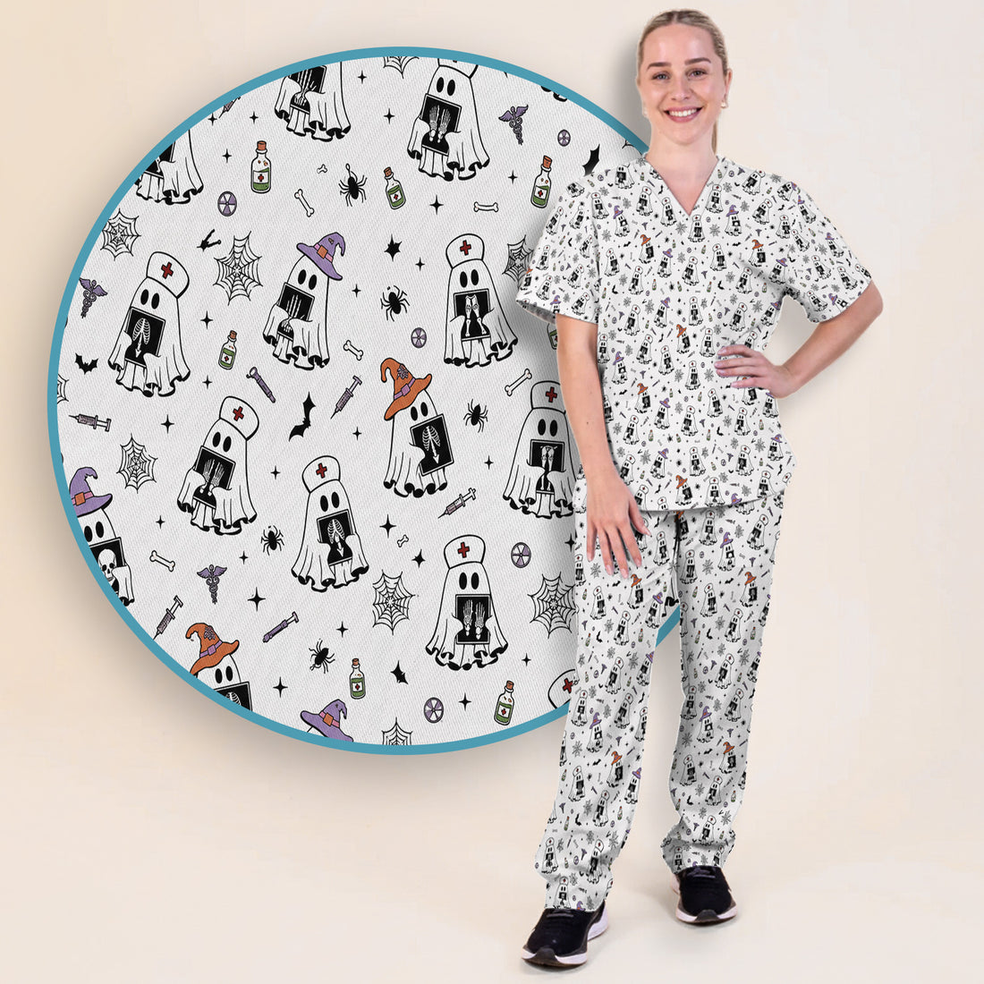 Halloween Ghost Nurses With X-Rays Scrub Set, Scrub Pants and V Neck Top