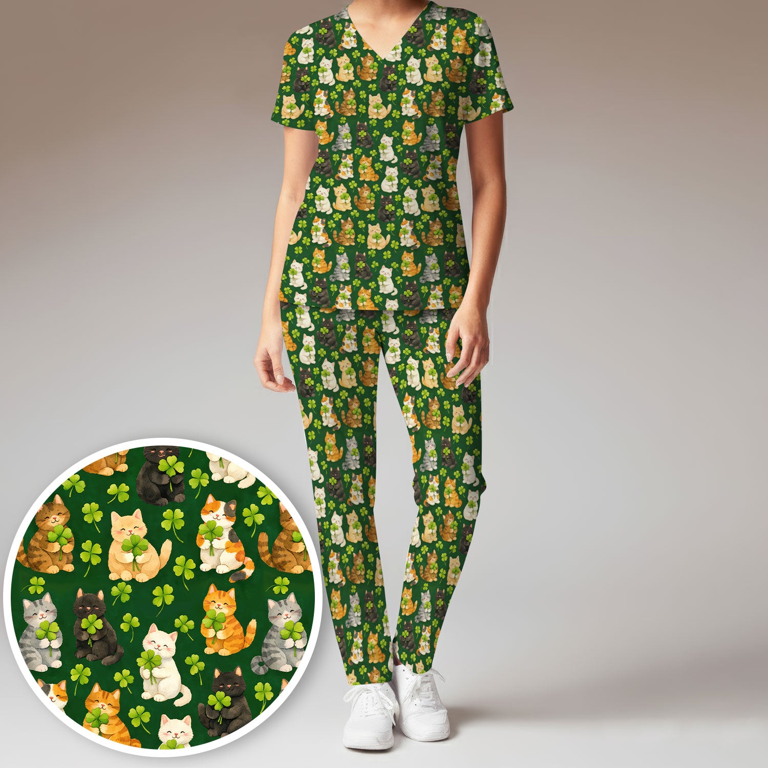 Funny St. Patrick’s Black Cat Nurse Scrub Set, Comfortable Uniform Scrubs For Nursing