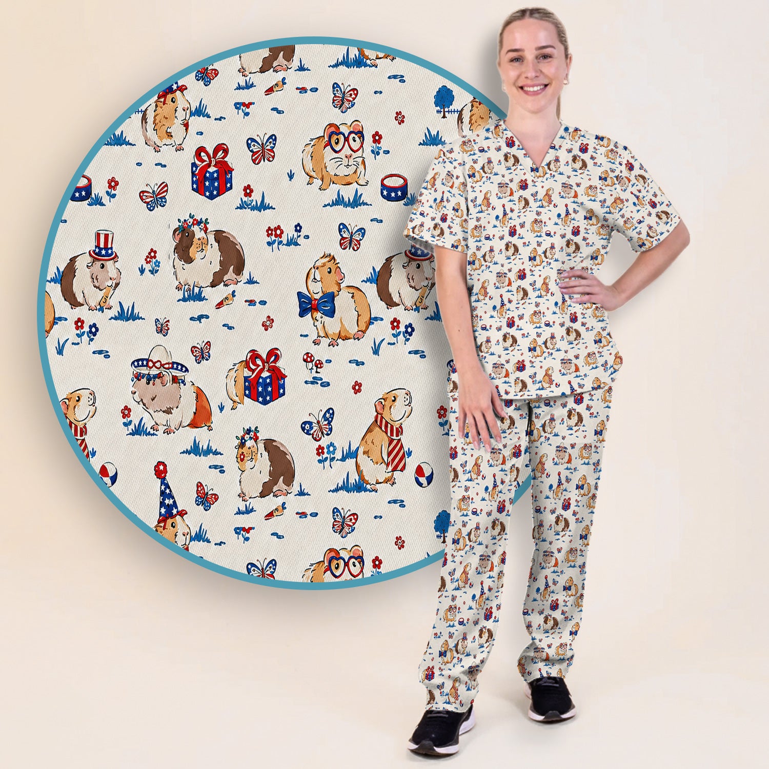 Patriotic Guinea Pig Celebration Pattern Scrub Set, Scrub Pants and V Neck Top