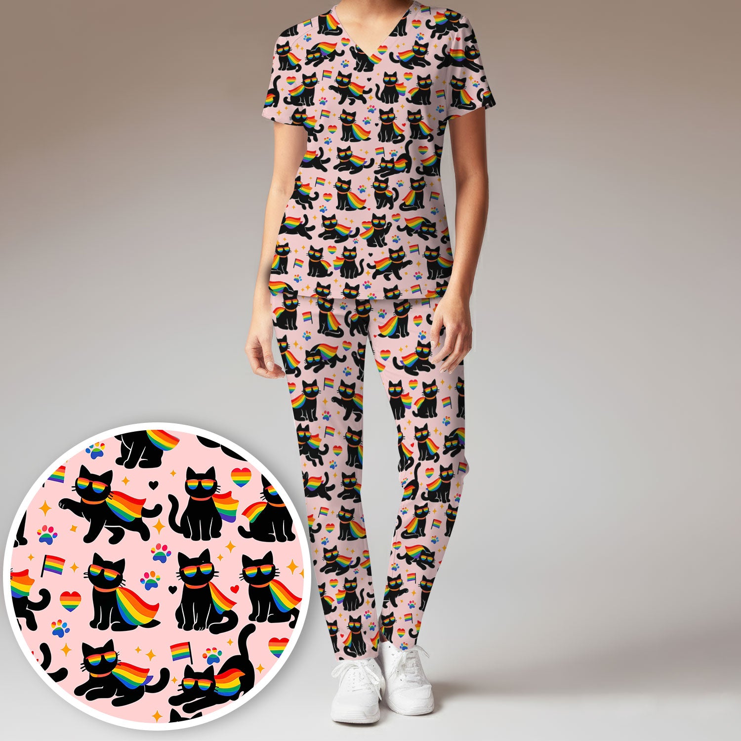 Rainbow Black Cat Pride Pattern Scrub Set, Breathable Med Uniform