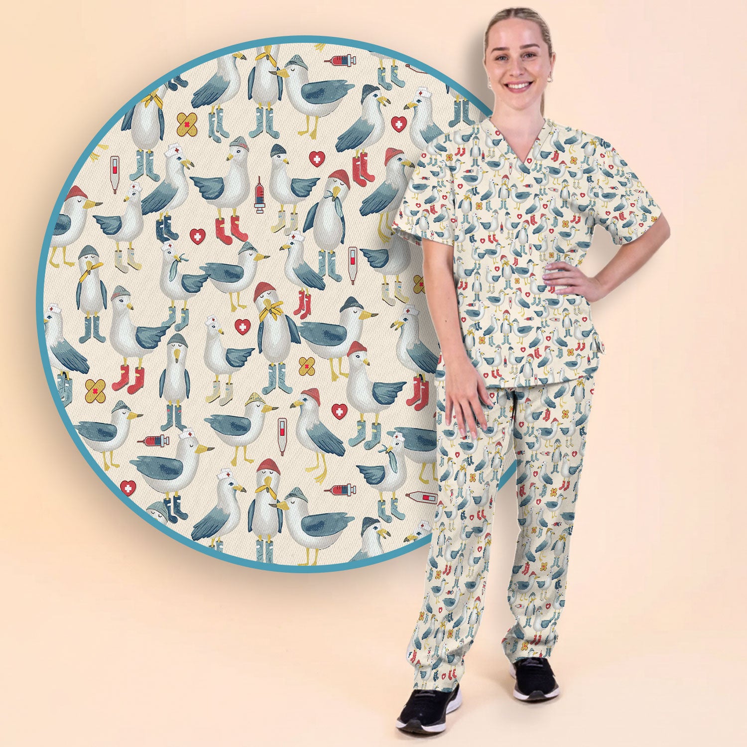 Funny Seagull Nurse Scrub Set - Cute Bird with Medical Icons Scrubs Pants and V Neck Top - Comfortable Scrubs for Women