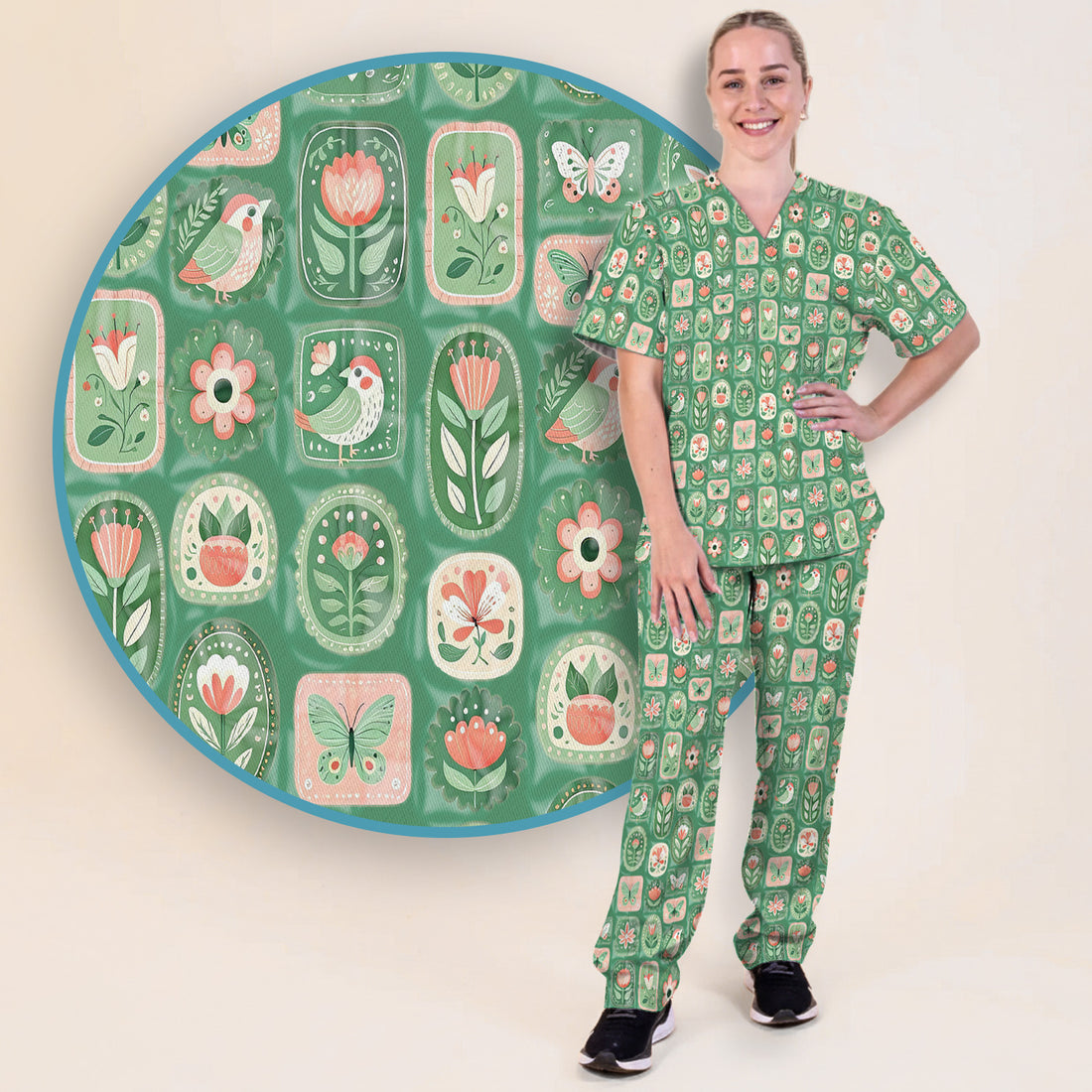 Folk Art Floral Bird Butterfly Garden Pattern Scrub Set, Scrub Pants and V Neck Top