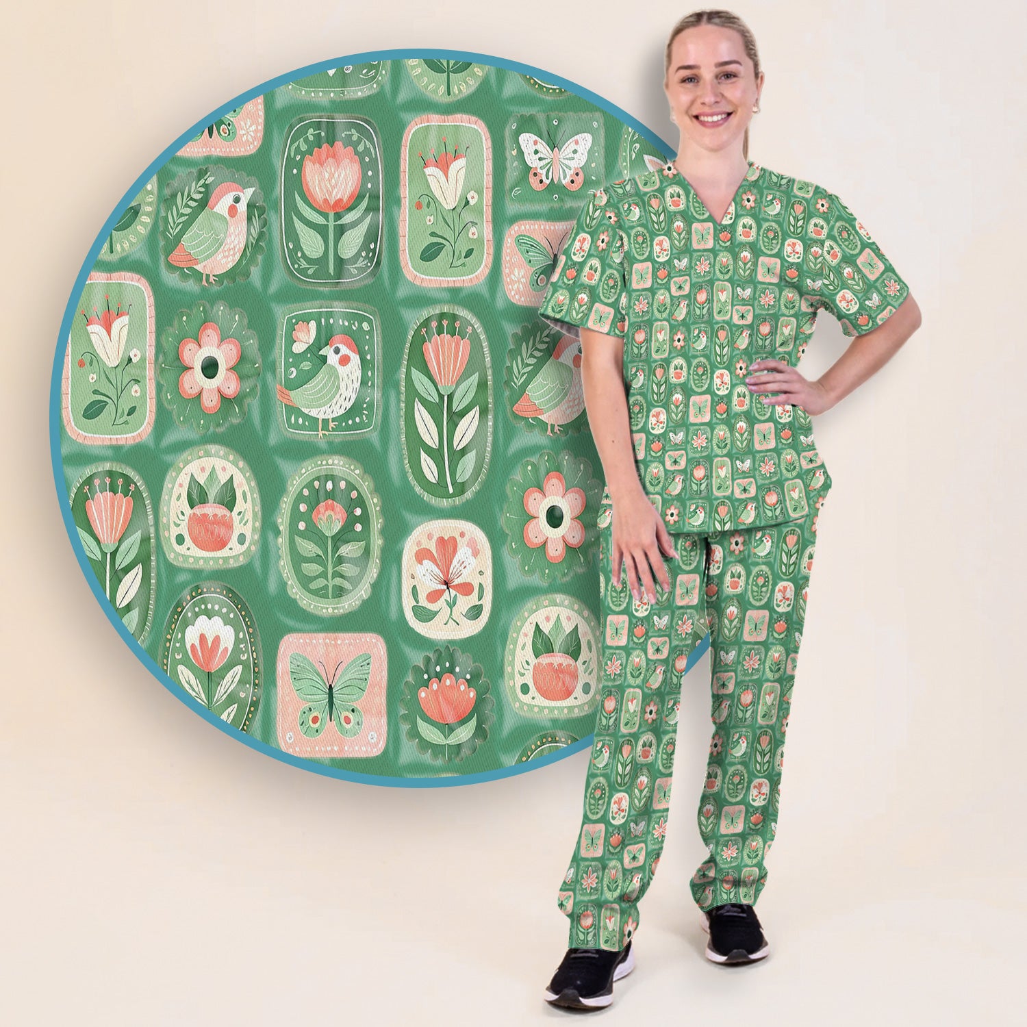 Folk Art Floral Bird Butterfly Garden Pattern Scrub Set, Scrub Pants and V Neck Top