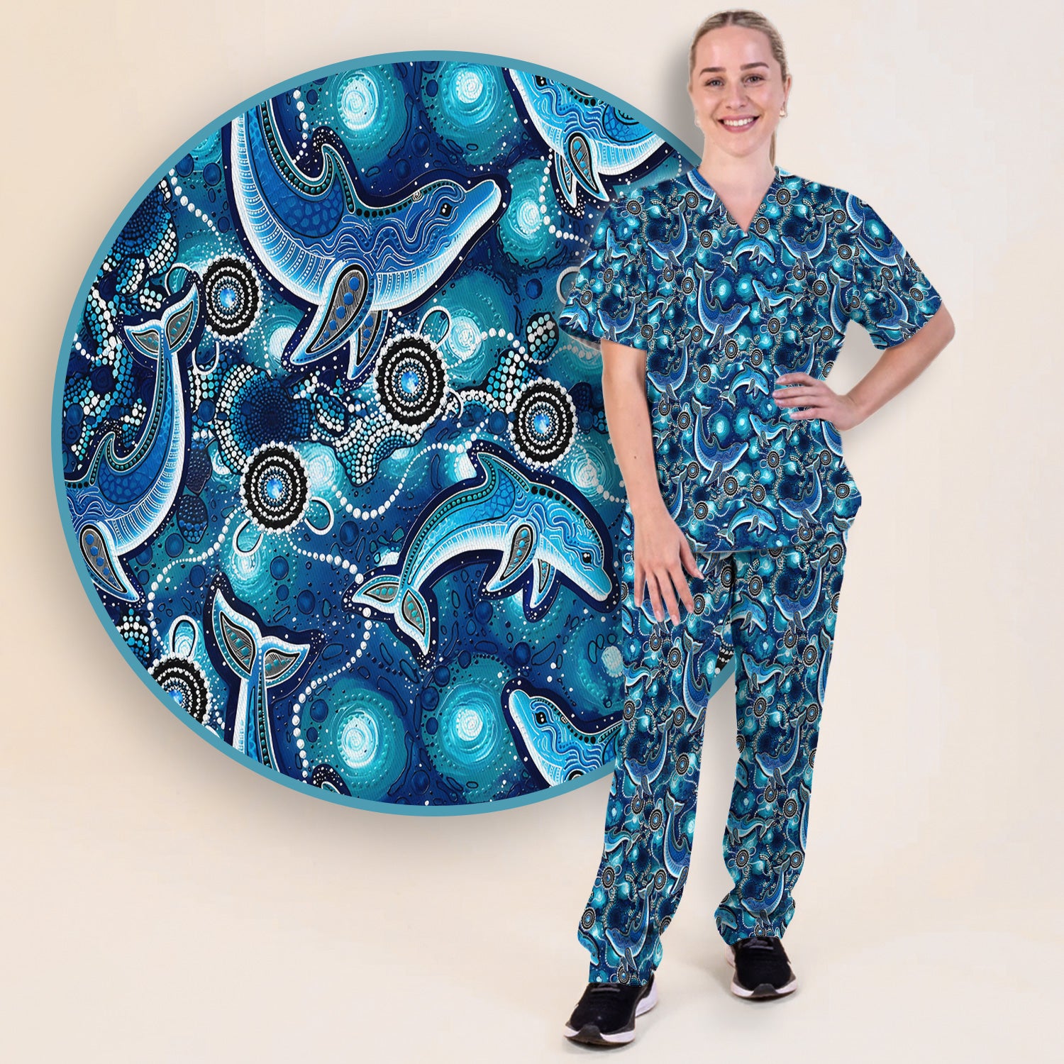 Ocean Dolphin Aboriginal Dot Print Scrub Set, Scrub Pants and V Neck Top
