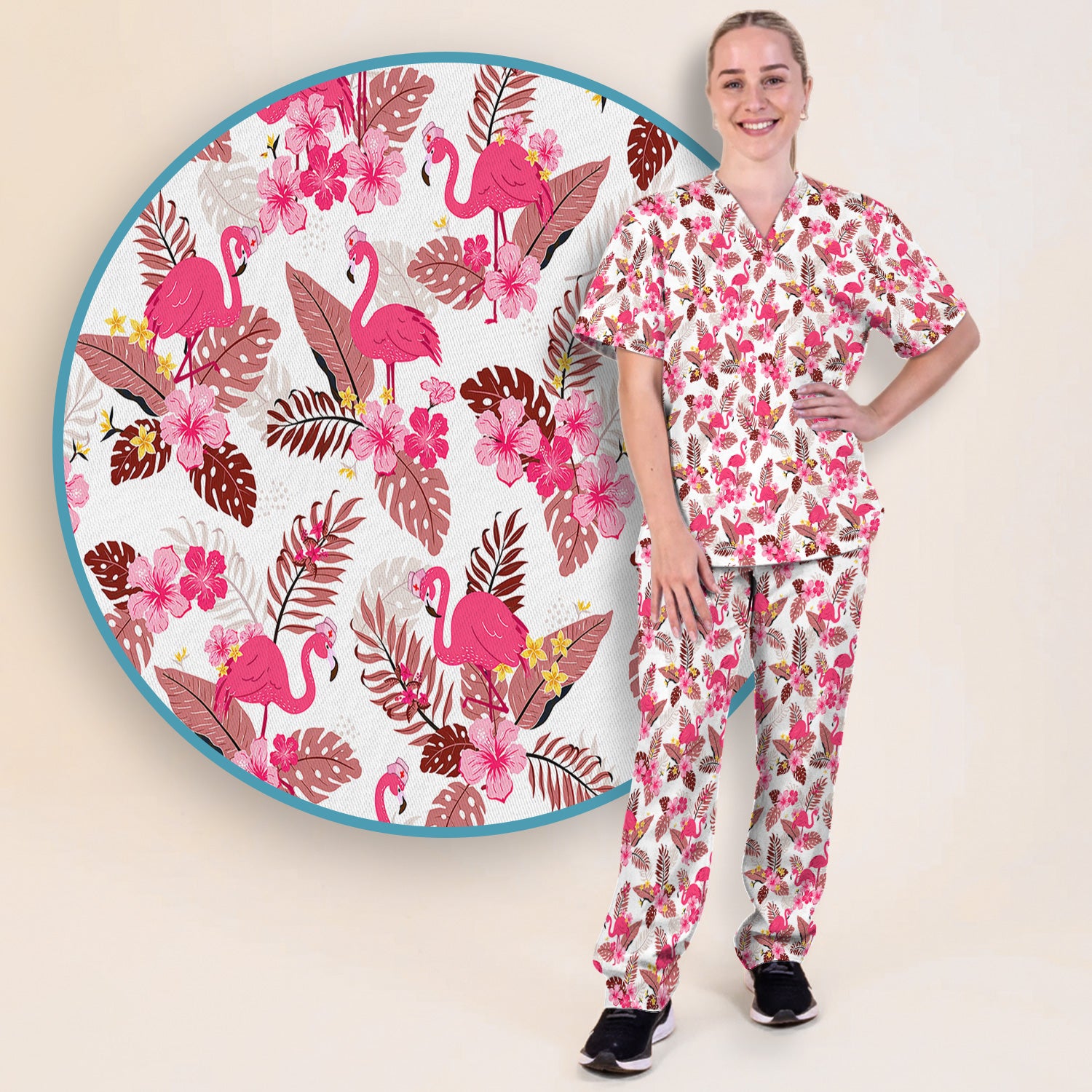 Pink Flamingo Tropical Floral Scrub Set, Scrub Pants and V Neck Top