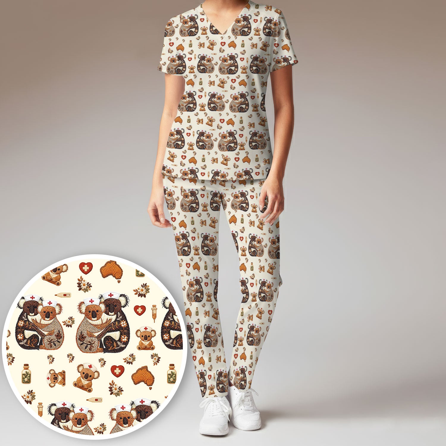 Cute Cartoon Koala Valentine Nurse Design Scrub Set, Breathable Med Uniform