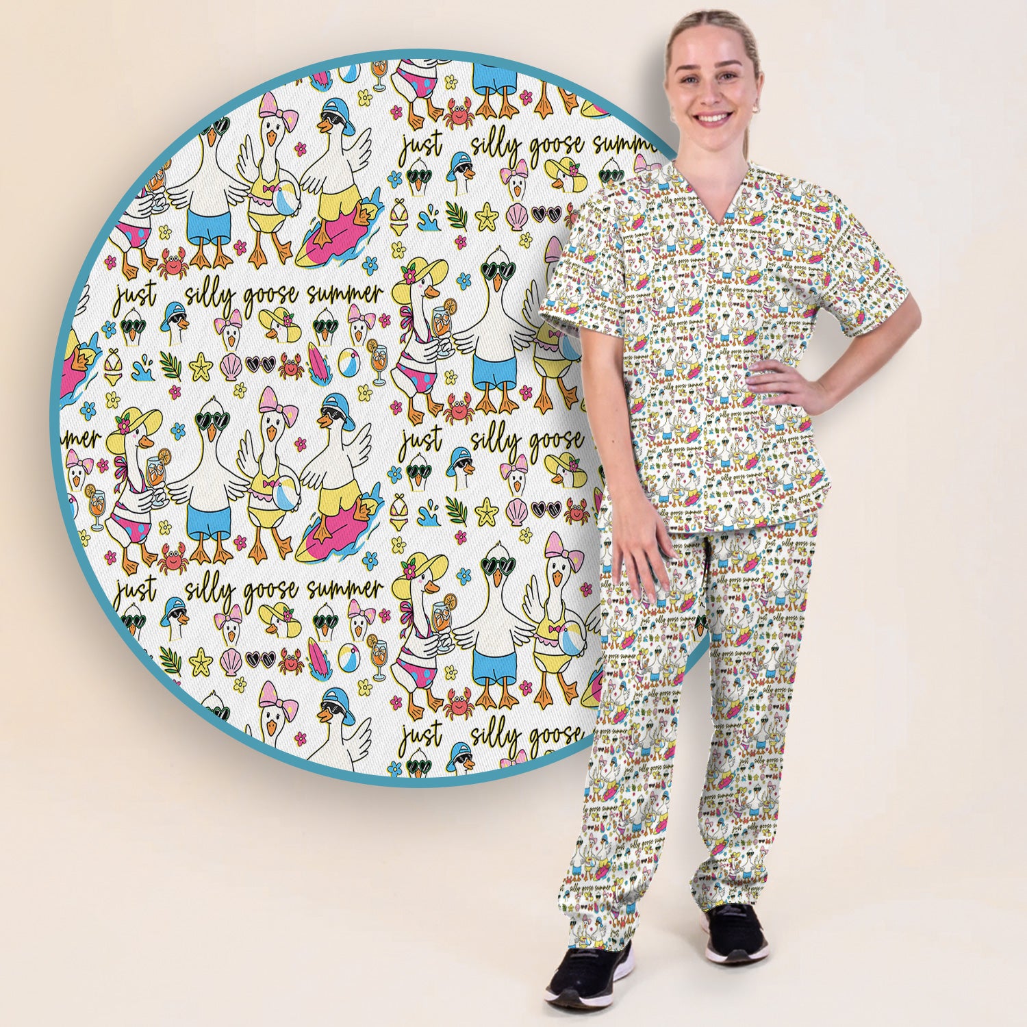 Silly Goose Summer Pattern Scrub Top, Breathable Fabrics Nursing Uniform