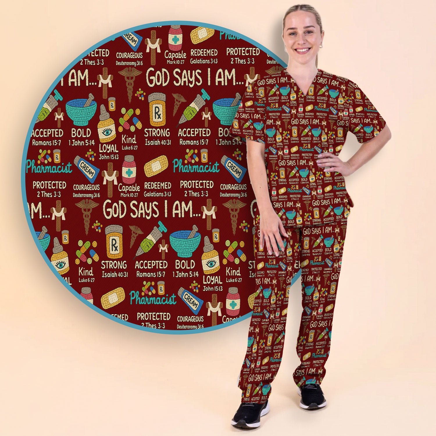 God Says I Am Pharmacist Scrub Set - Christian Pharmacy Scrubs Pants and V Neck Top for Women - Bible Verse Nurse Shirt